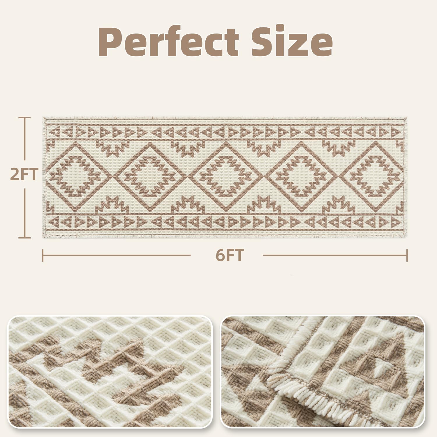 PADOOR-Waffle Bath Mat 24"x36"-Super Absorbent Bath Mats for Bathroom, Machine Washable Non Slip Bathroom Rug with Tassels, Soft Bathroom Mat for Laundry Room, Bedroom, Brown & Cream, 2'x 3'