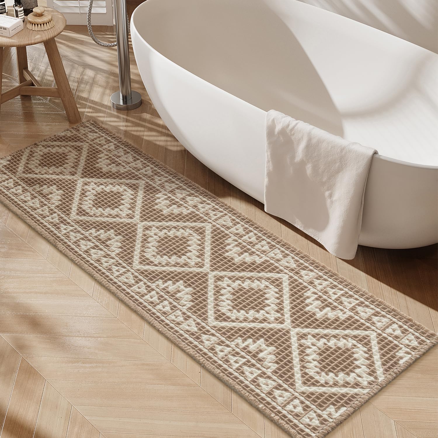 PADOOR-Waffle Bath Mat 24"x36"-Super Absorbent Bath Mats for Bathroom, Machine Washable Non Slip Bathroom Rug with Tassels, Soft Bathroom Mat for Laundry Room, Bedroom, Brown & Cream, 2'x 3'