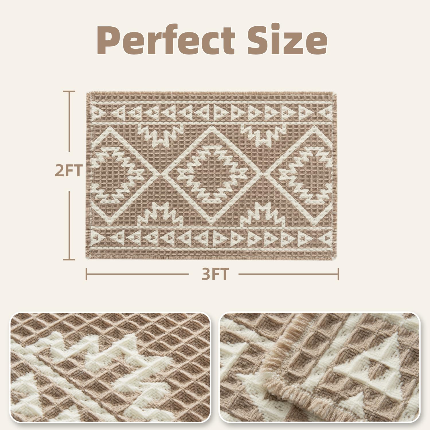 PADOOR-Waffle Bath Mat 24"x36"-Super Absorbent Bath Mats for Bathroom, Machine Washable Non Slip Bathroom Rug with Tassels, Soft Bathroom Mat for Laundry Room, Bedroom, Brown & Cream, 2'x 3'