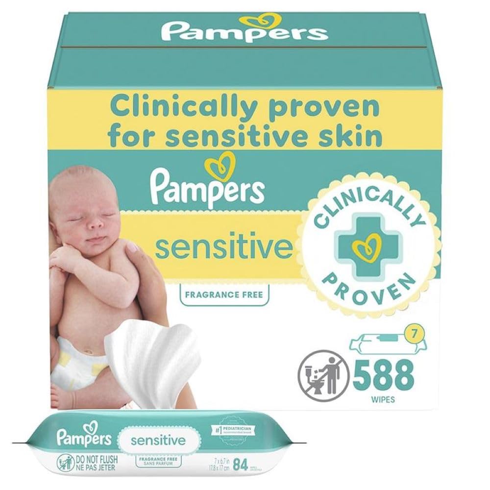 Pampers Sensitive Baby Wipes, Water Based, Hypoallergenic and Unscented, 8 Flip-Top Packs, 4 Refill Packs (1008 Wipes Total)