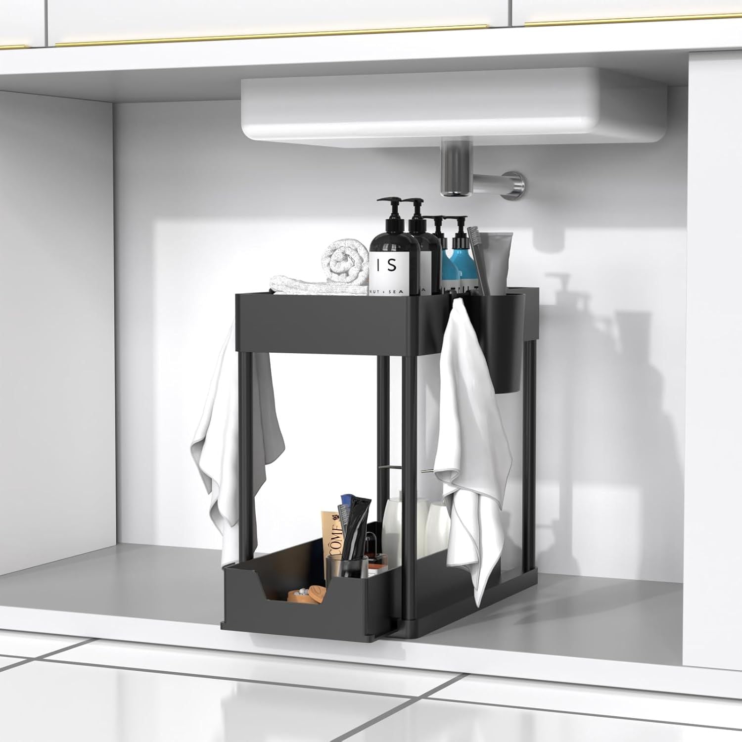 Paquete De 1 Organizador Debajo Del Fregadero, Organizadores De Gabinete De Baño, Cajón Deslizante De 2 Niveles Para Ganchos Para Colgar Tazas, Estante De Almacenamiento Multiusos Para Cocina Y