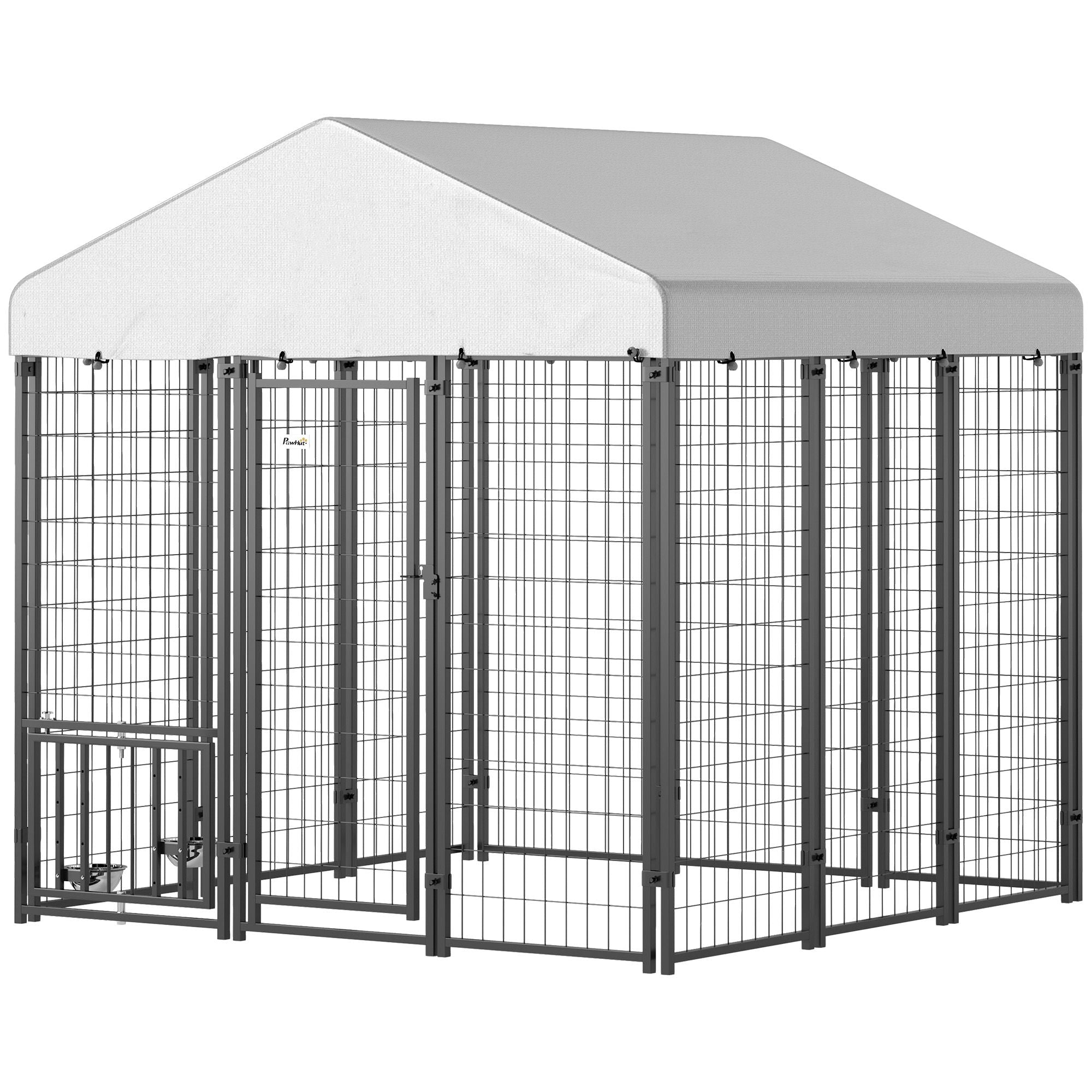 PawHut 5.9' x 5.9' x 6' Outdoor Dog Kennel with Roof, Rotating & 4-Level Adjustable Bowls