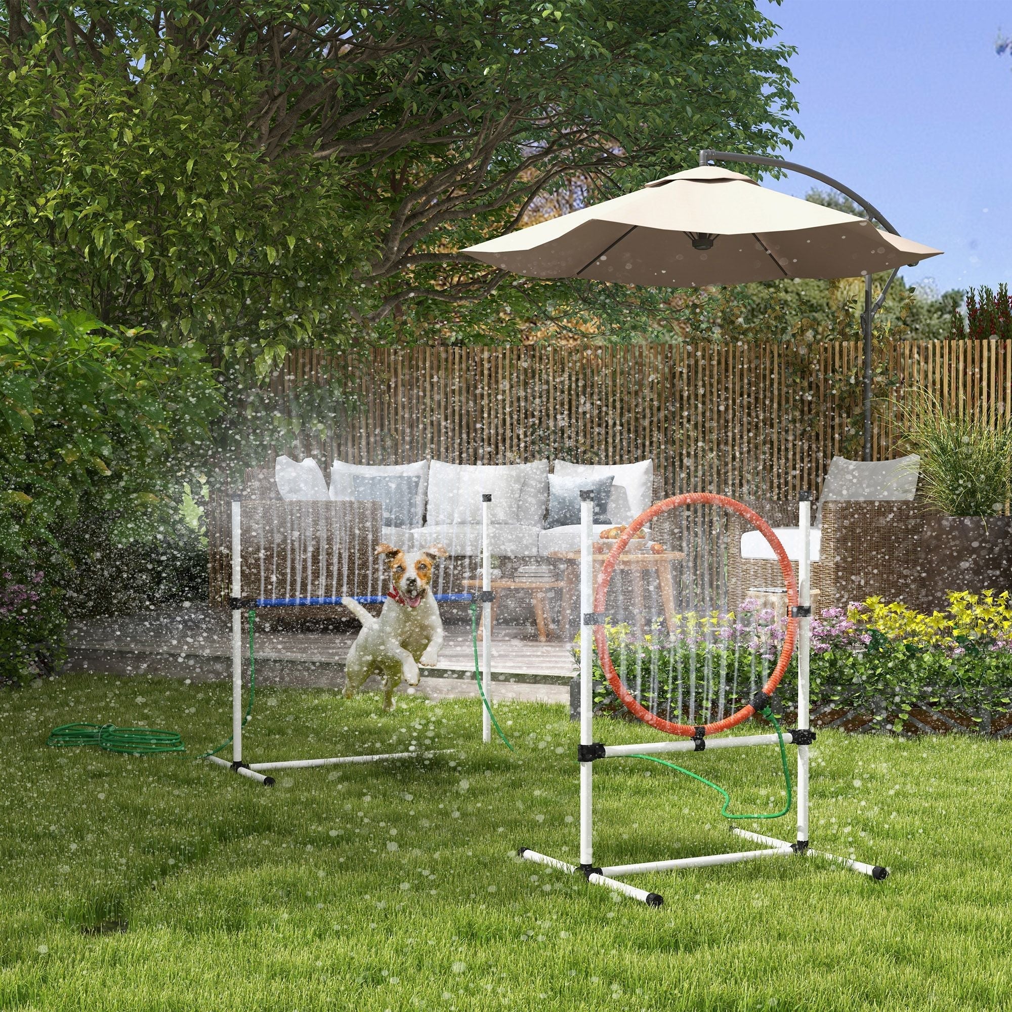 PawHut 5pc Dog Agility Training Equipment Set with Spray Water Tube, White