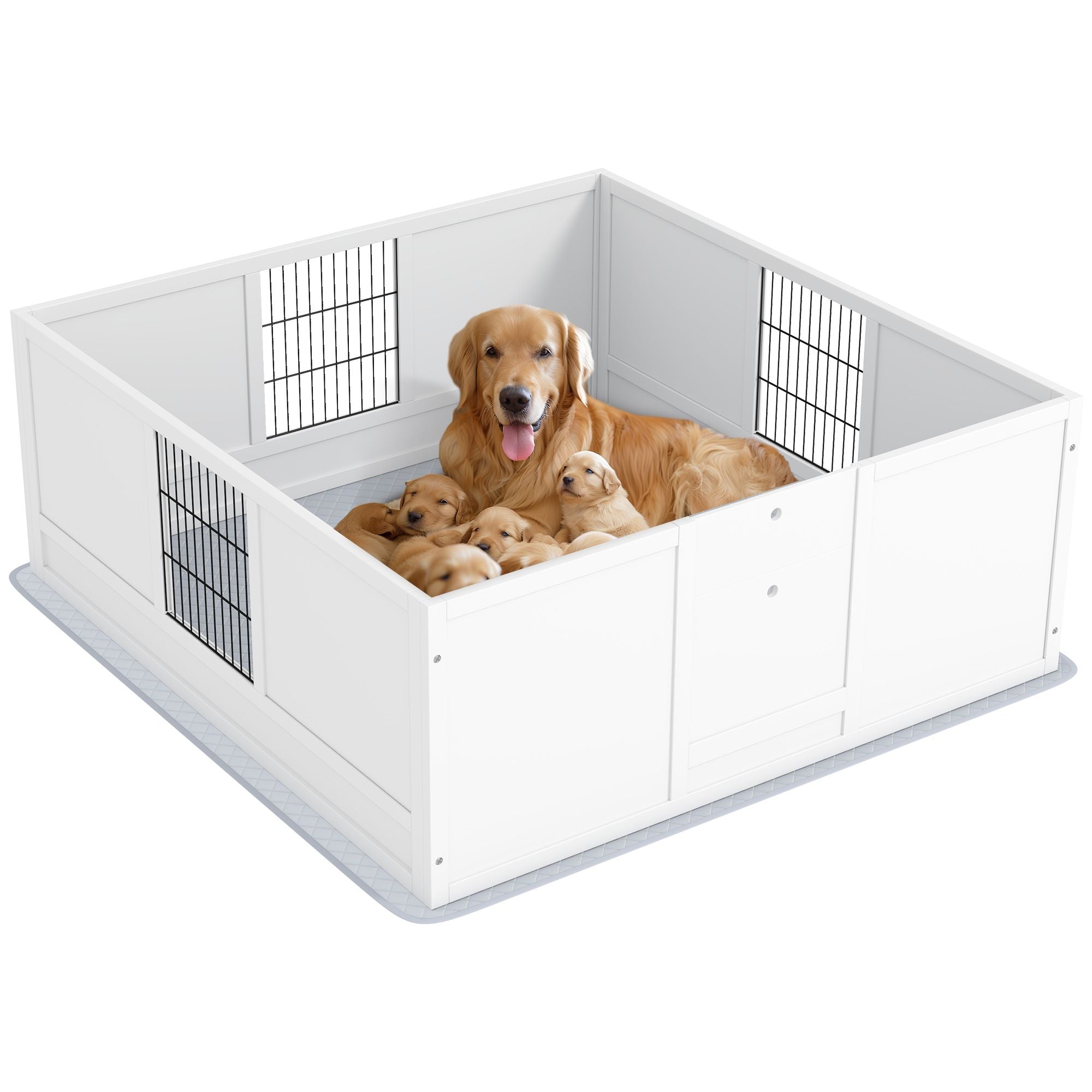 PawHut Dog Whelping Box with Washable Pee Pad, Adjustable Height Door, for Large Breed Dogs, 49" x 47" x 19"