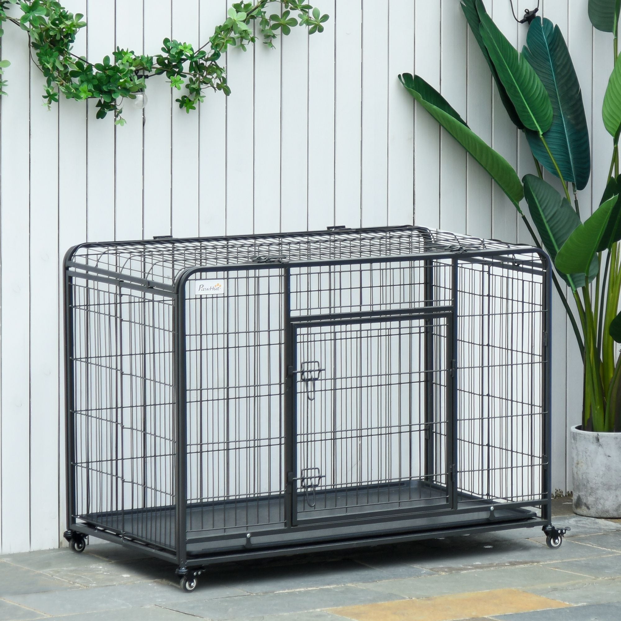 PawHut Metal Dog Crate 37" Heavy Duty Folding Kennel with Removable Tray Cover 4 Wheels Gray