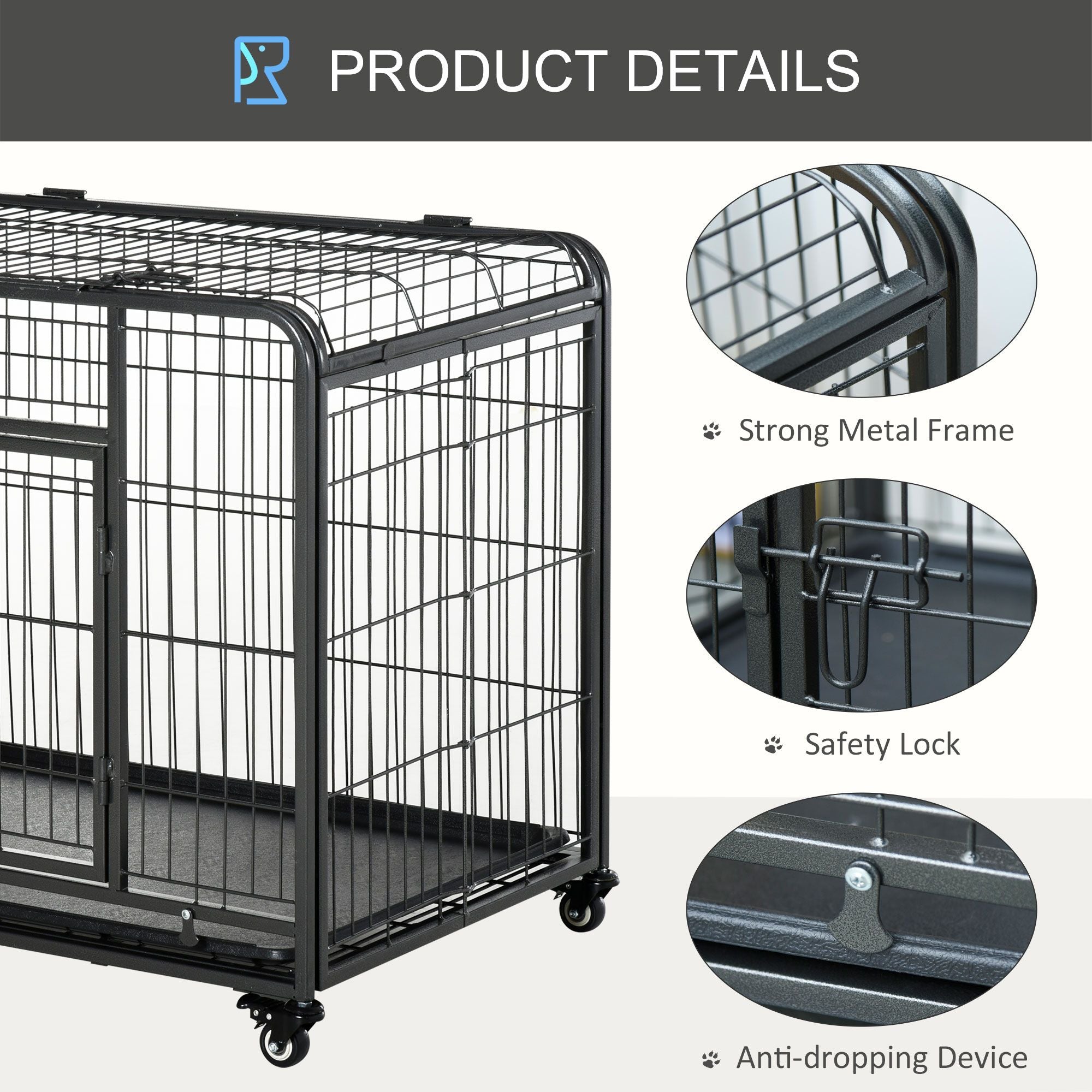 PawHut Metal Dog Crate 37" Heavy Duty Folding Kennel with Removable Tray Cover 4 Wheels Gray
