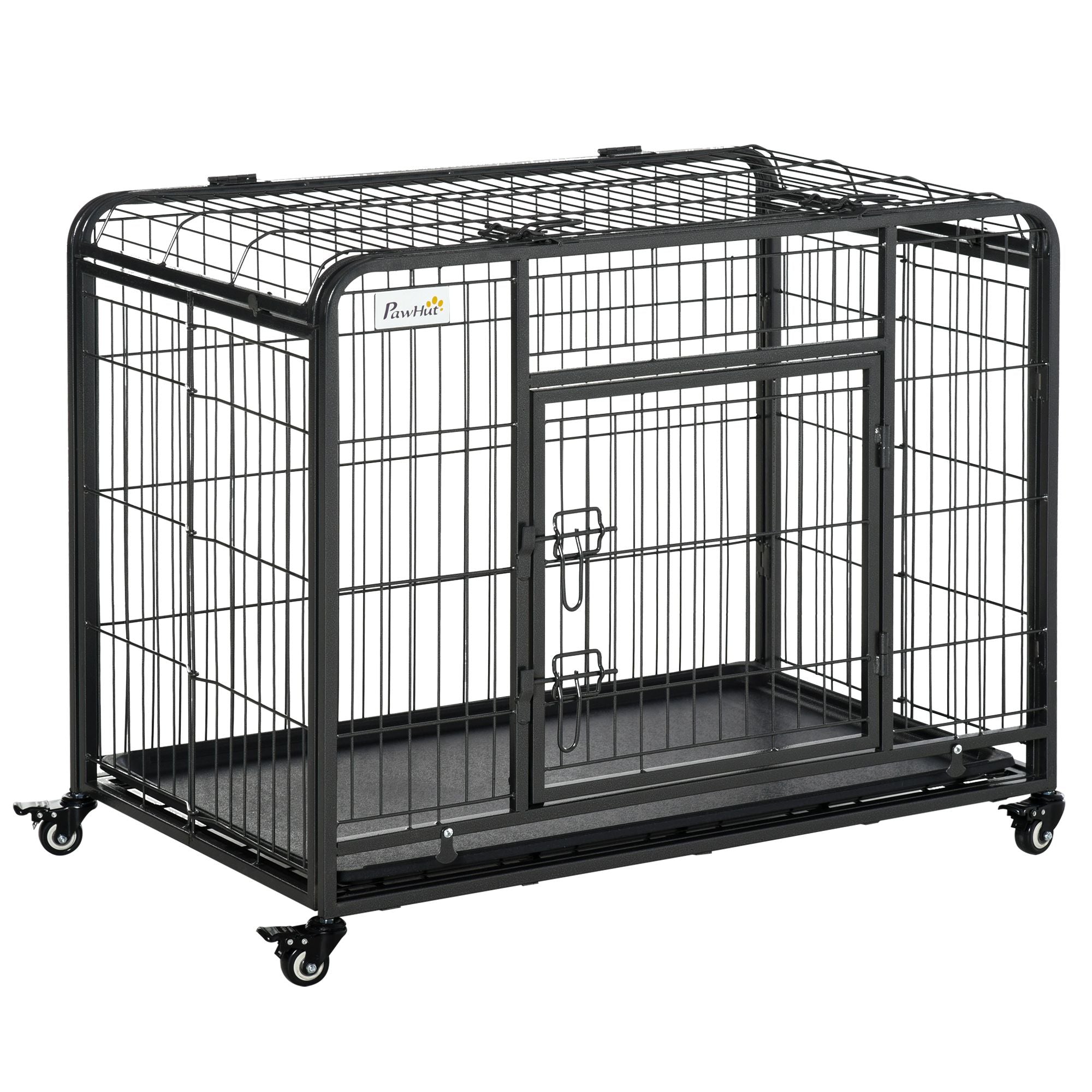 PawHut Metal Dog Crate 37" Heavy Duty Folding Kennel with Removable Tray Cover 4 Wheels Gray