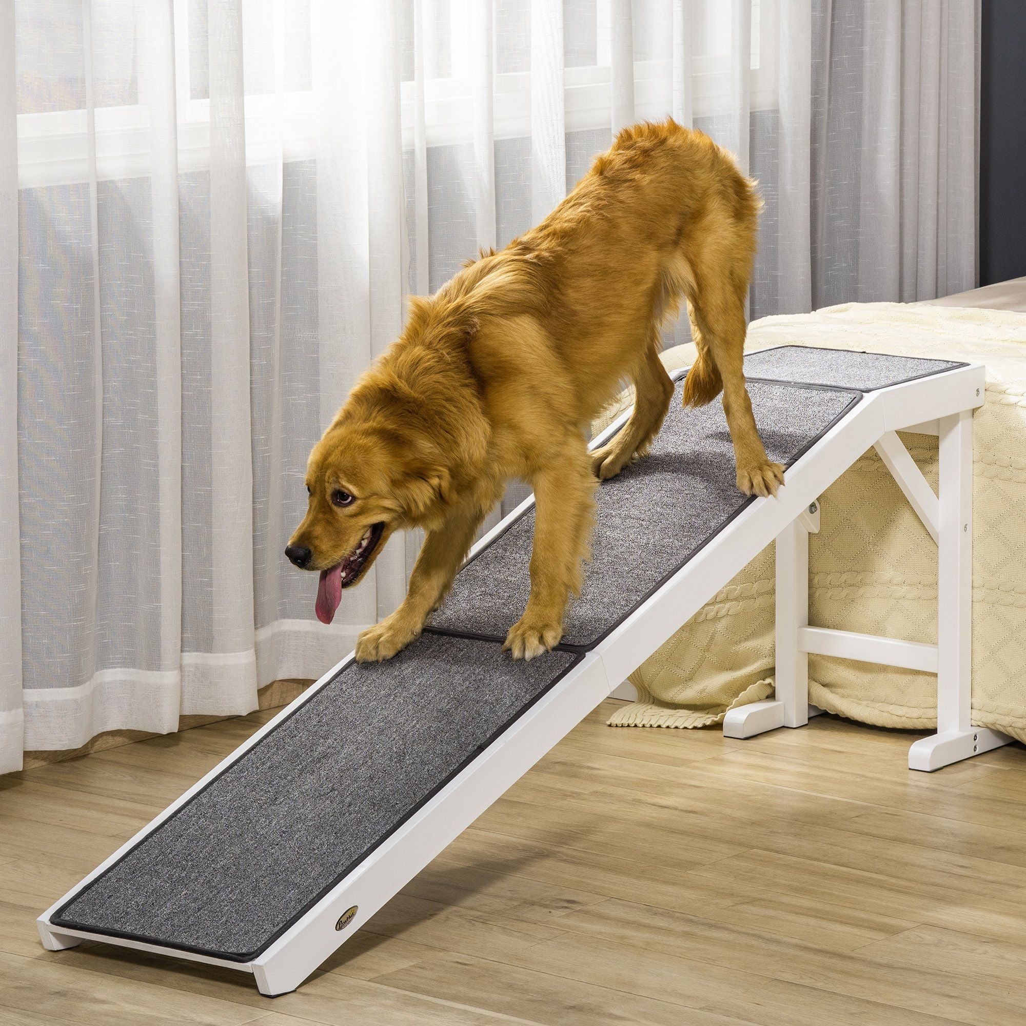 PawHut Pet Ramp for Dogs Non-slip Carpet Top Platform Pine Wood 74"L x 16"W x 25"H, Grey, White