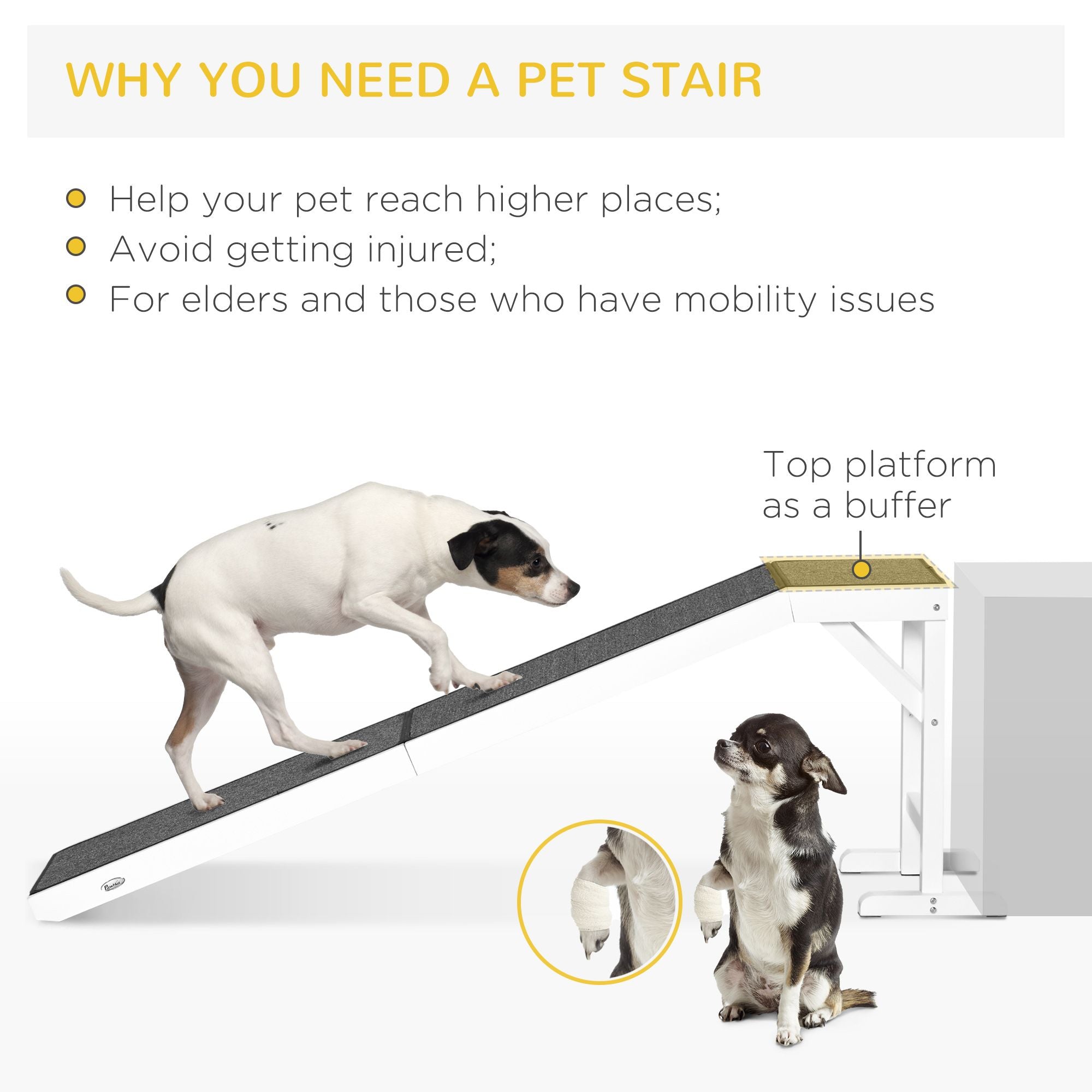 PawHut Pet Ramp for Dogs Non-slip Carpet Top Platform Pine Wood 74"L x 16"W x 25"H, Grey, White