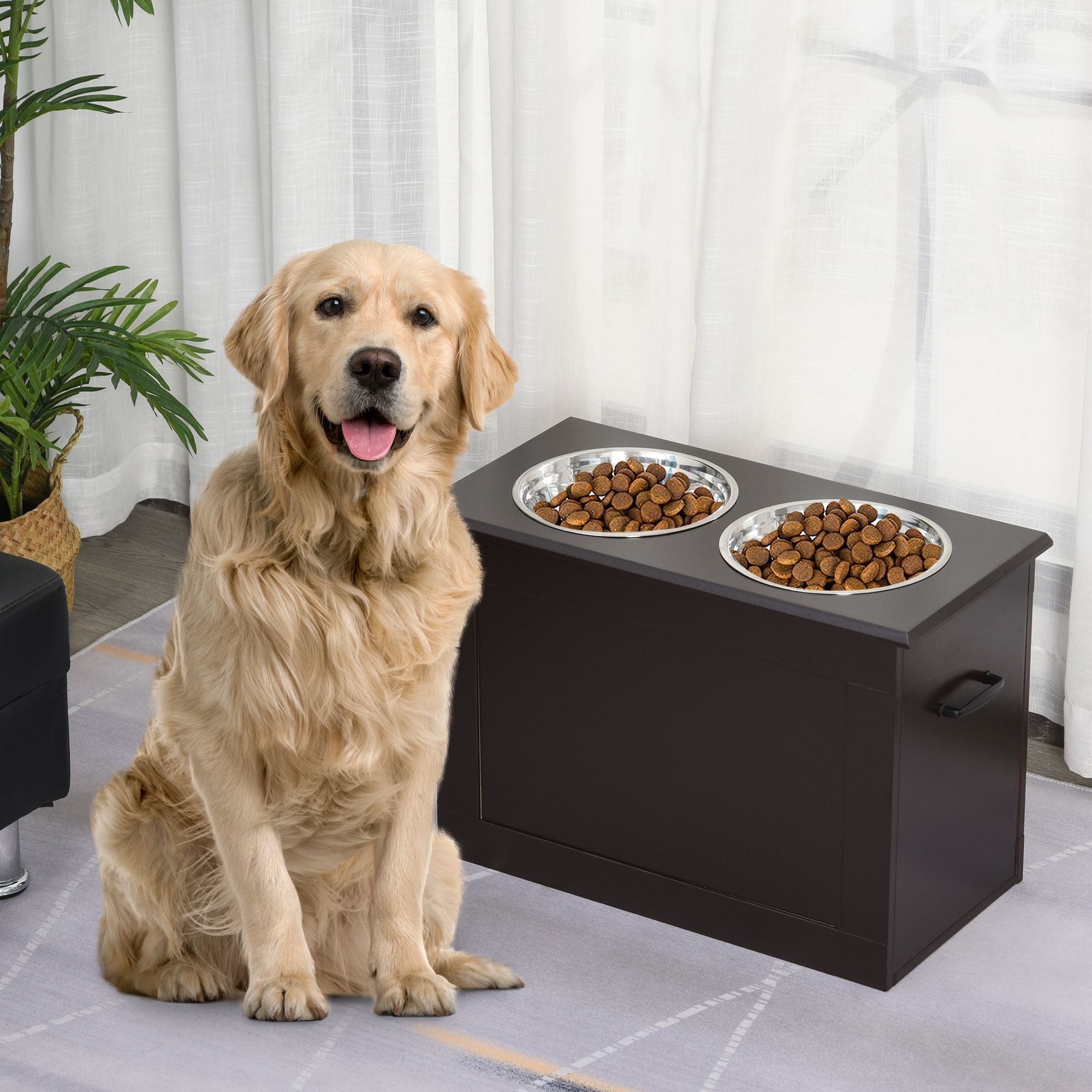 PawHut Raised Dog Feeding Station with 2 Stainless Steel Bowls Storage Large Pets Dark Brown