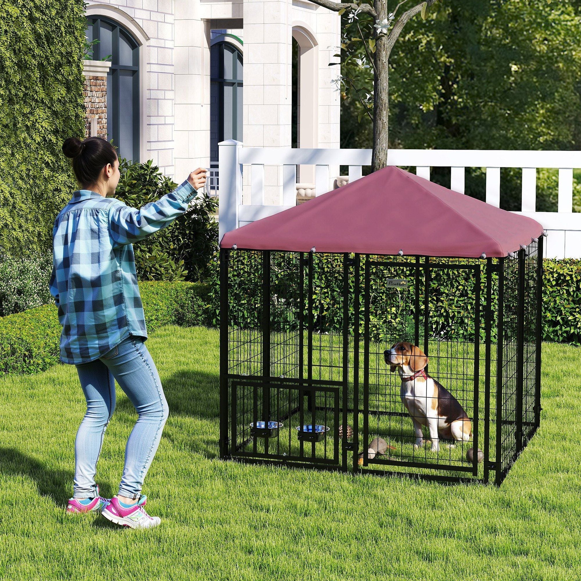 PawHut Welded Wire Outdoor Dog Kennel with 360° Rotating & 4 Levels Adjustable Bowls, Waterproof Cover, 4.6' x 4.6' x 5'