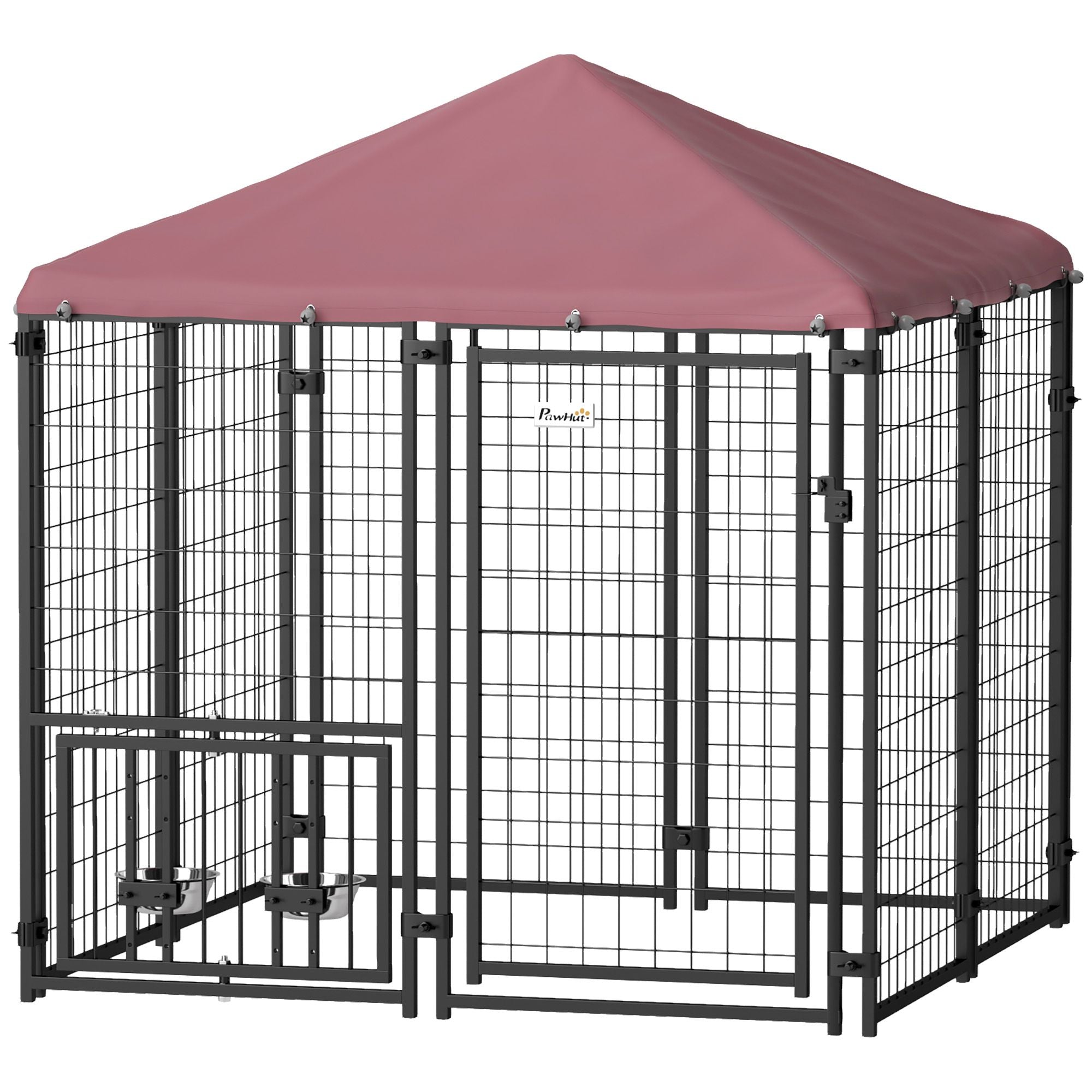 PawHut Welded Wire Outdoor Dog Kennel with 360° Rotating & 4 Levels Adjustable Bowls, Waterproof Cover, 4.6' x 4.6' x 5'