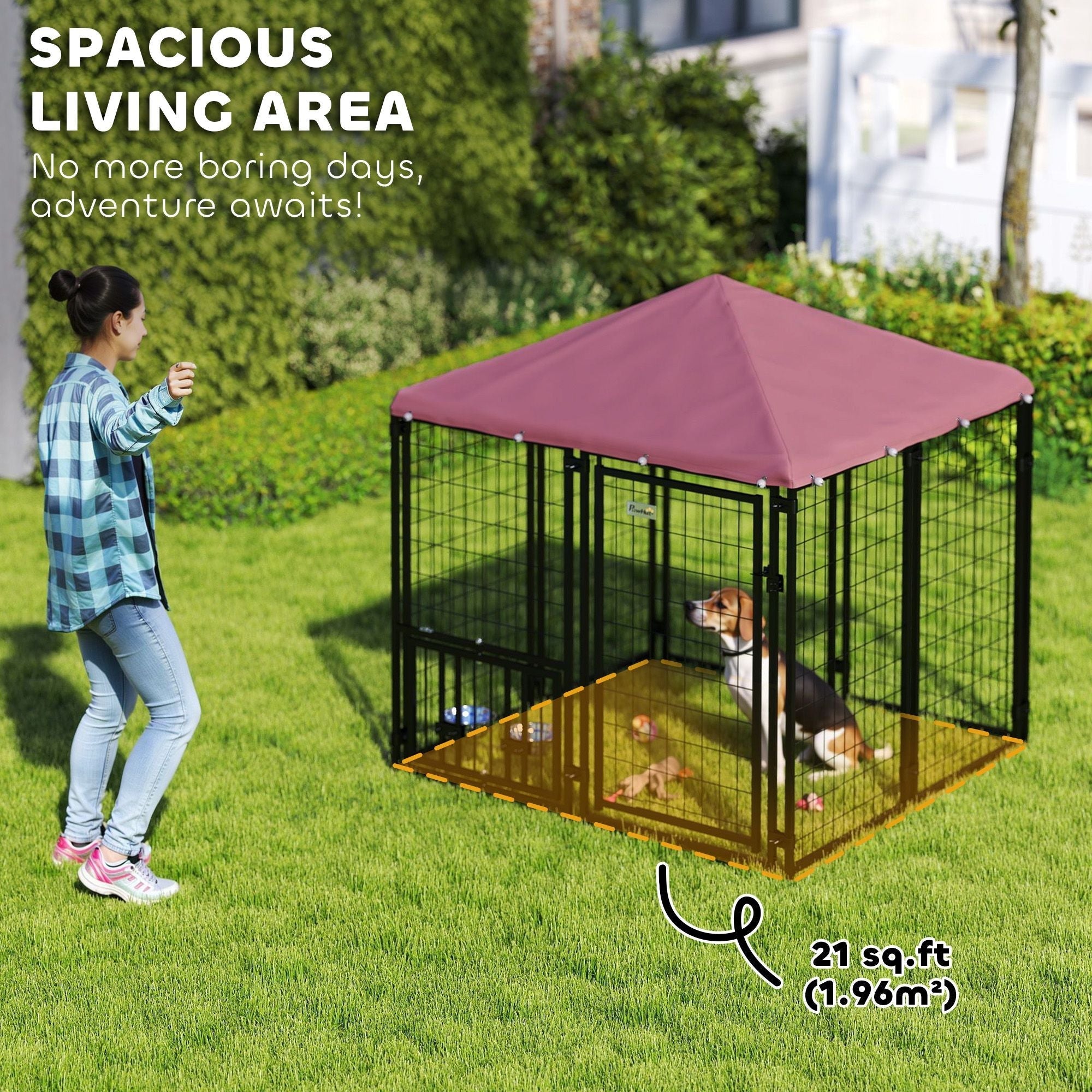 PawHut Welded Wire Outdoor Dog Kennel with 360° Rotating & 4 Levels Adjustable Bowls, Waterproof Cover, 4.6' x 4.6' x 5'