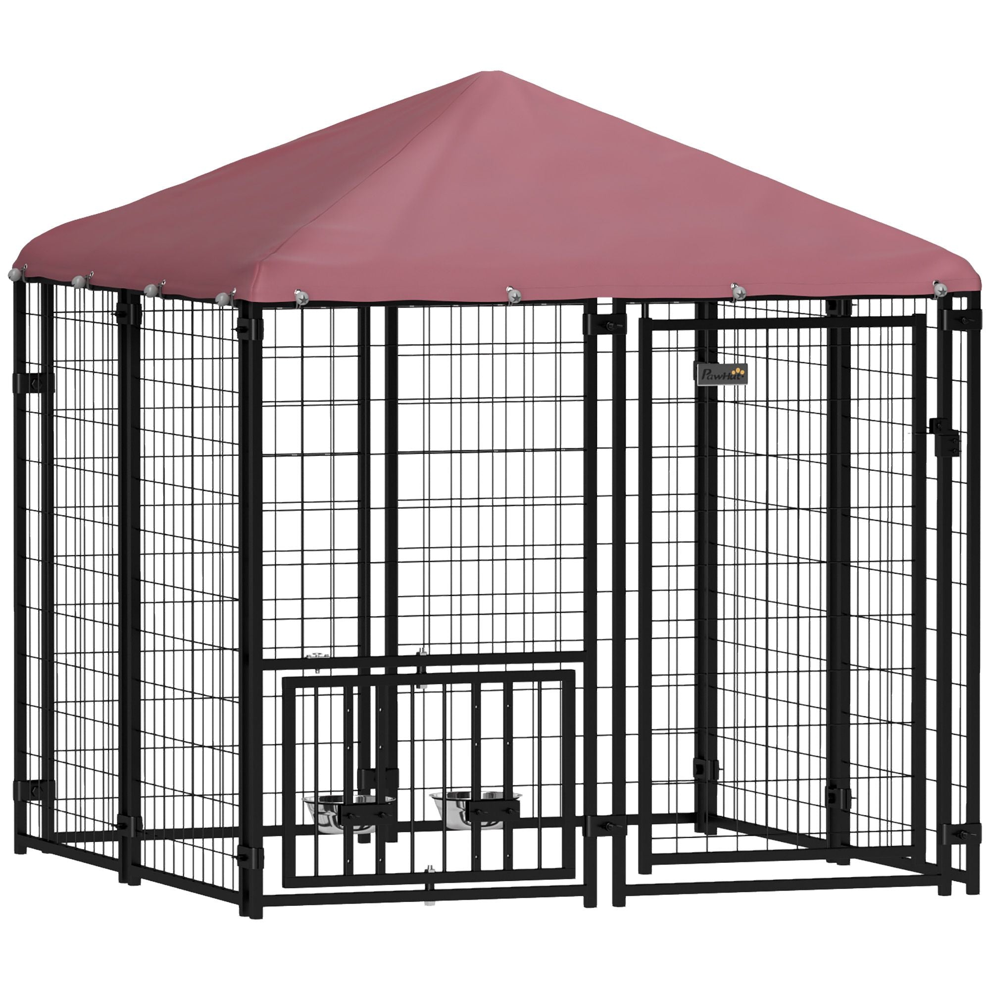 PawHut Welded Wire Outdoor Dog Kennel with 360° Rotating & 4 Levels Adjustable Bowls, Waterproof Cover, 4.6' x 4.6' x 5'