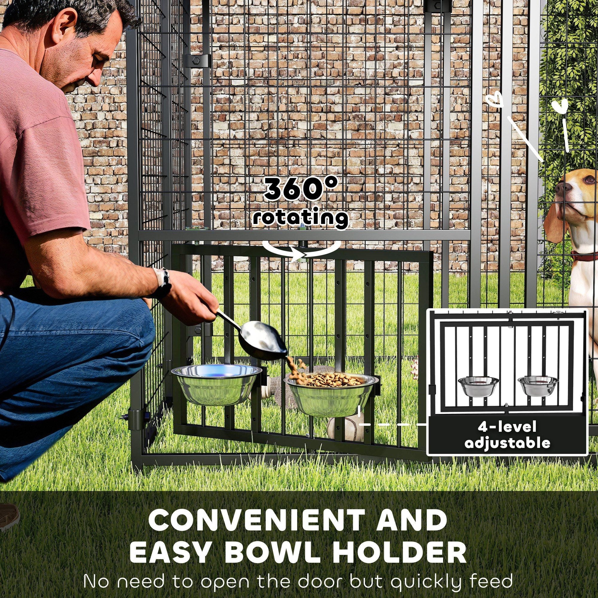 PawHut Welded Wire Outdoor Dog Kennel with 360° Rotating & 4 Levels Adjustable Bowls, Waterproof Cover, 4.6' x 4.6' x 5'