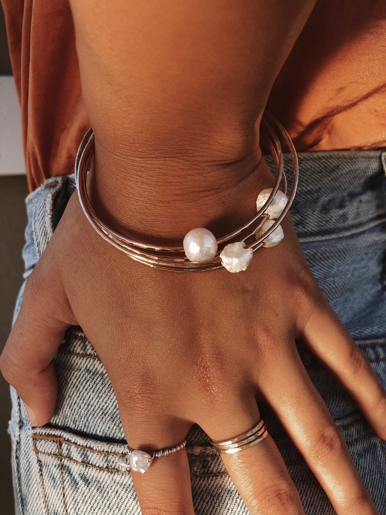 Hammered Pearl Bangle by Toasted Jewelry