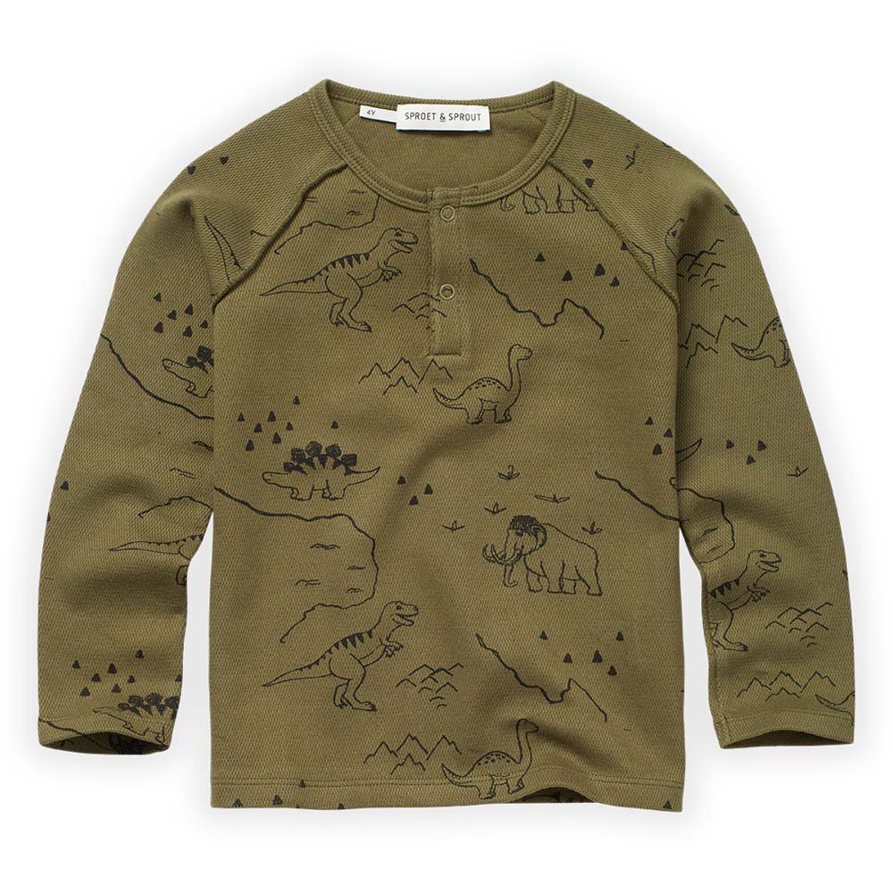 Dino Print Grandad Tee Shirt - Khaki