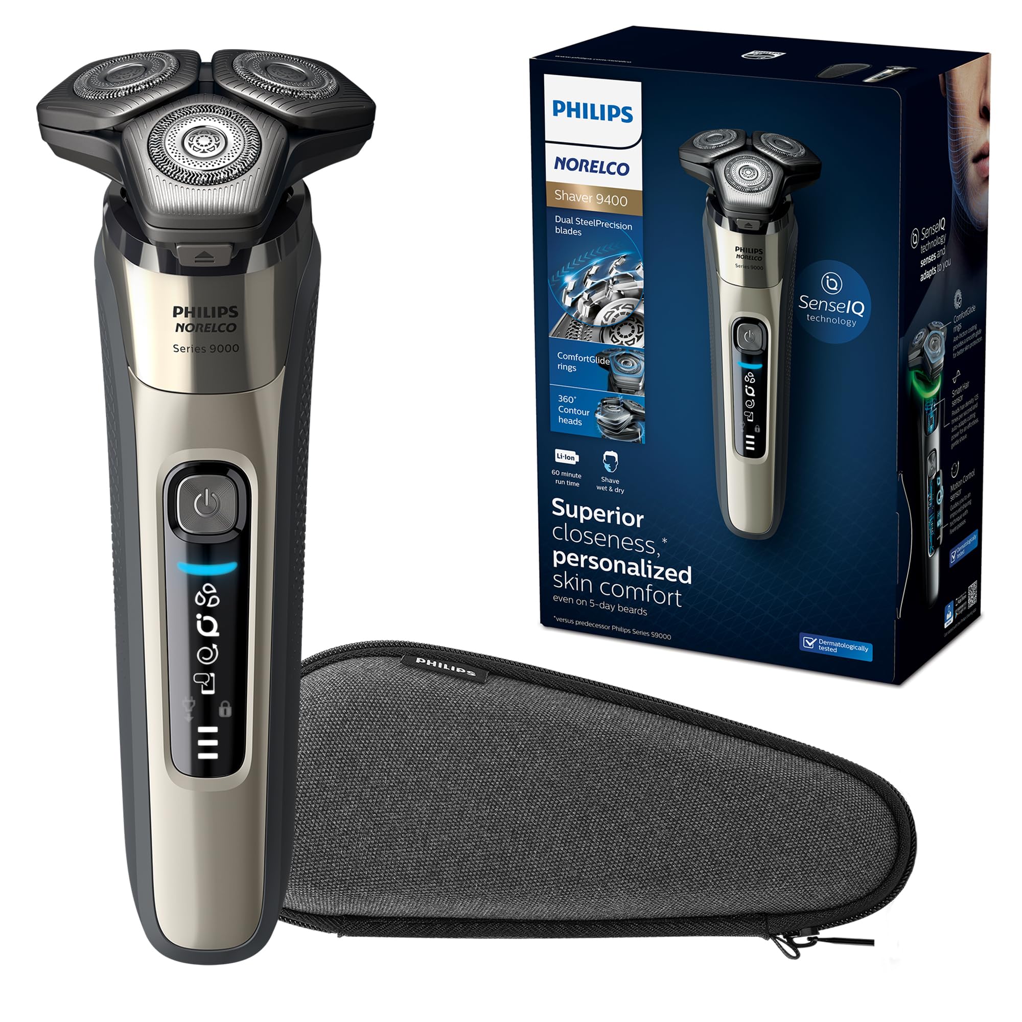Philips Norelco 9400 Rechargeable Wet/Dry Electric Shaver with SenseIQ and Comfort Glide Ring Technology, Battery Powered, Silver, S9502/83