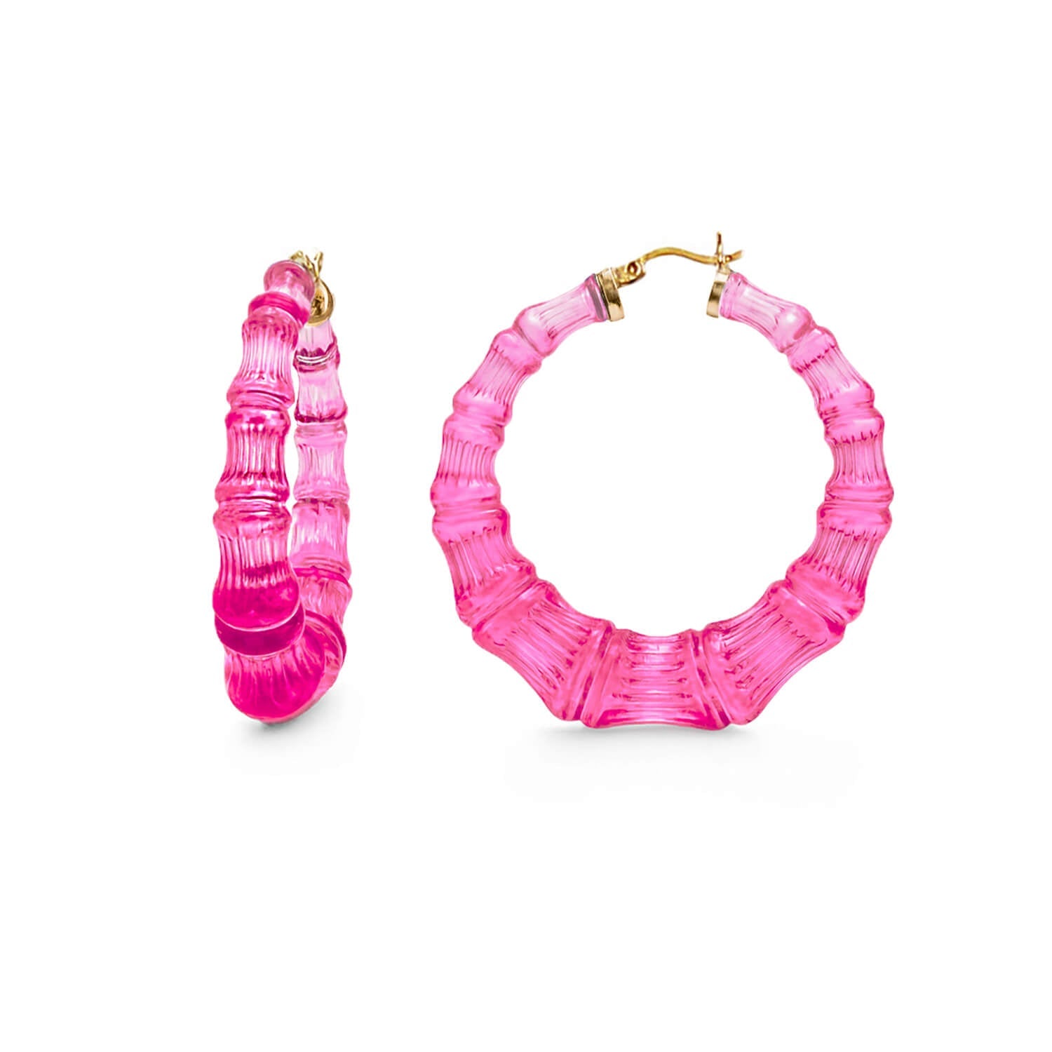 Electric Pink Lucite Bamboo Hoop Earrings