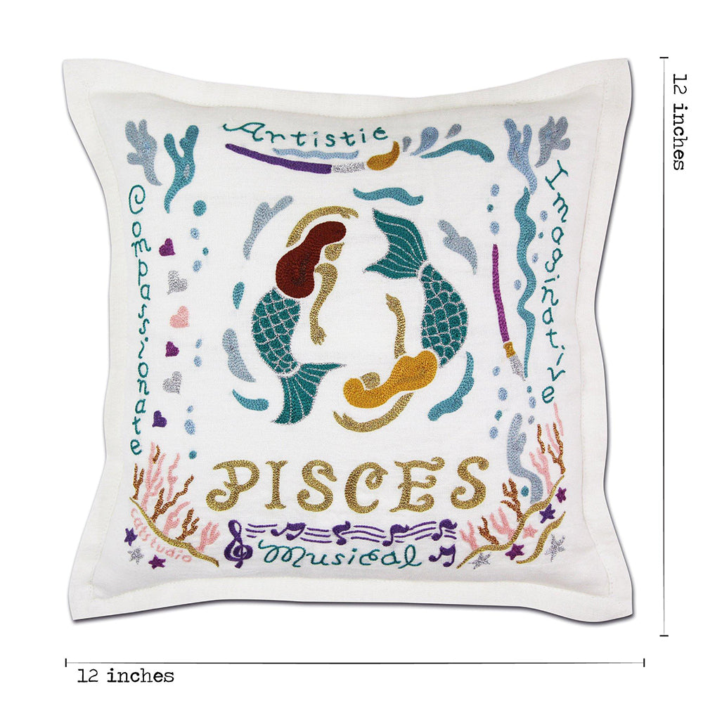 Pisces Astrology Hand-Embroidered Pillow by Cat Studio
