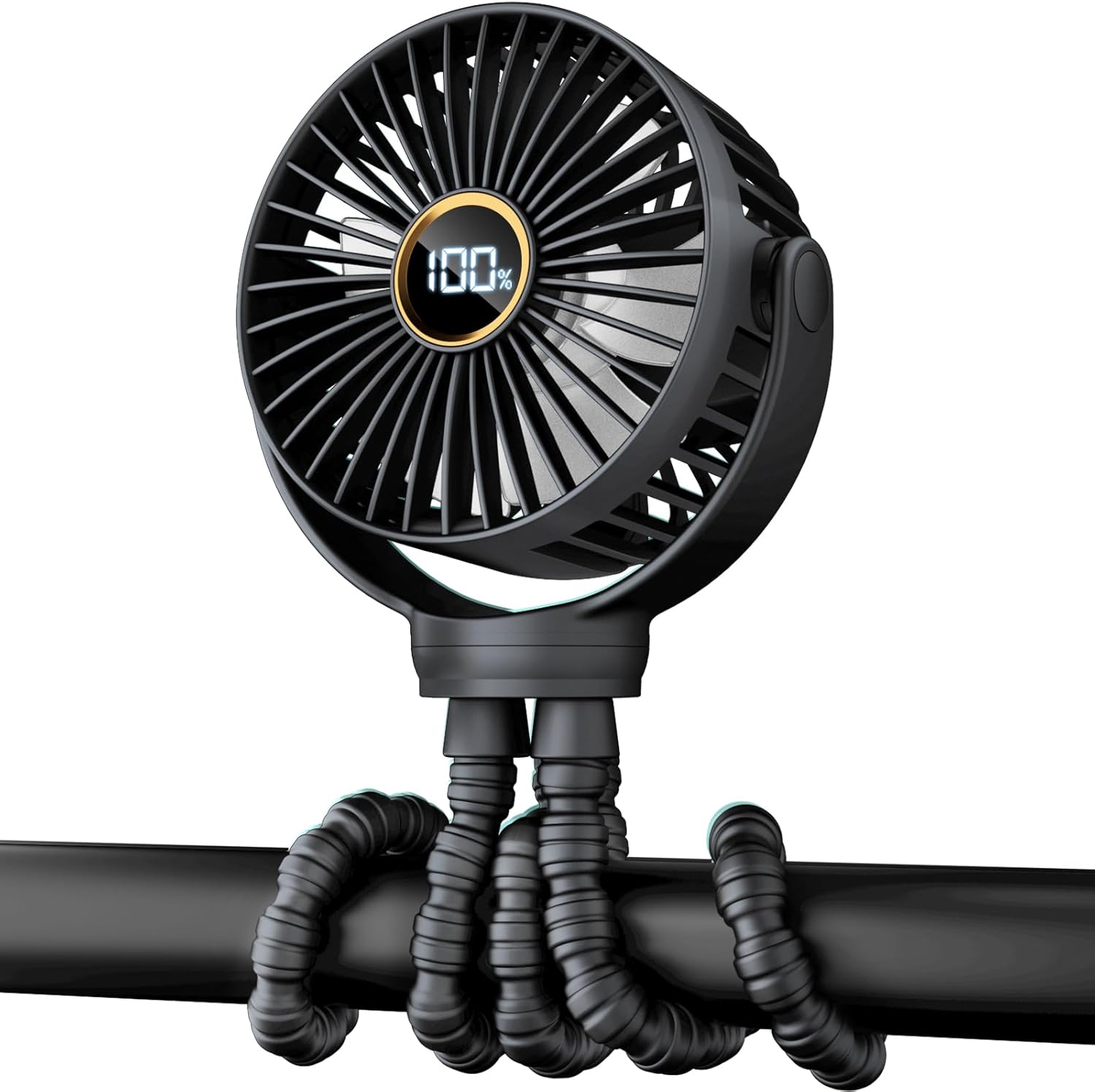 Portable Stroller Mini Fan, Small Rechargeable Personal Fan, Baby Travel Essentials for Wagon, Car Seat, Treadmill, Battery Powered Biking Gear Accessories, 360° Rotation, 3-Speed, Display, Black