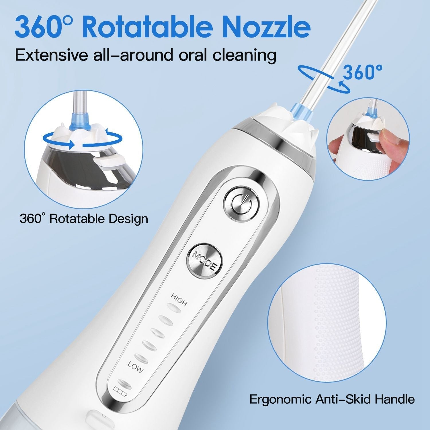 Portable Water Dental Flosser Cordless Rechargeable Dental Oral Irrigator IPX7 Waterproof Teeth Cleaner with 5 Modes 5 Nozzles 10.14oz Detachable Water Tank for Travel Home