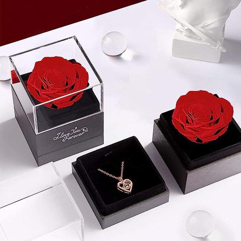 Preserved Red Real Rose with I Love You Necklace Mothers Day Gifts