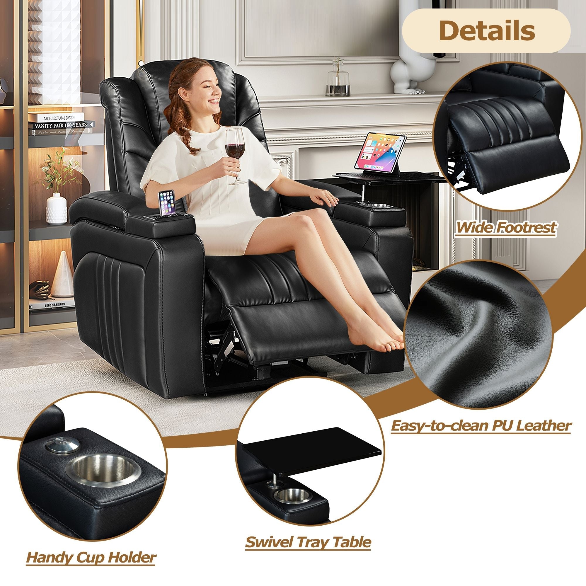 PU Leather Power Recliner Home Theater Recliner with Power Adjustable Headrest, Wireless Charging Device, USB Port, Storage Arms, Cup Holder and Swivel Tray Table for Living Room