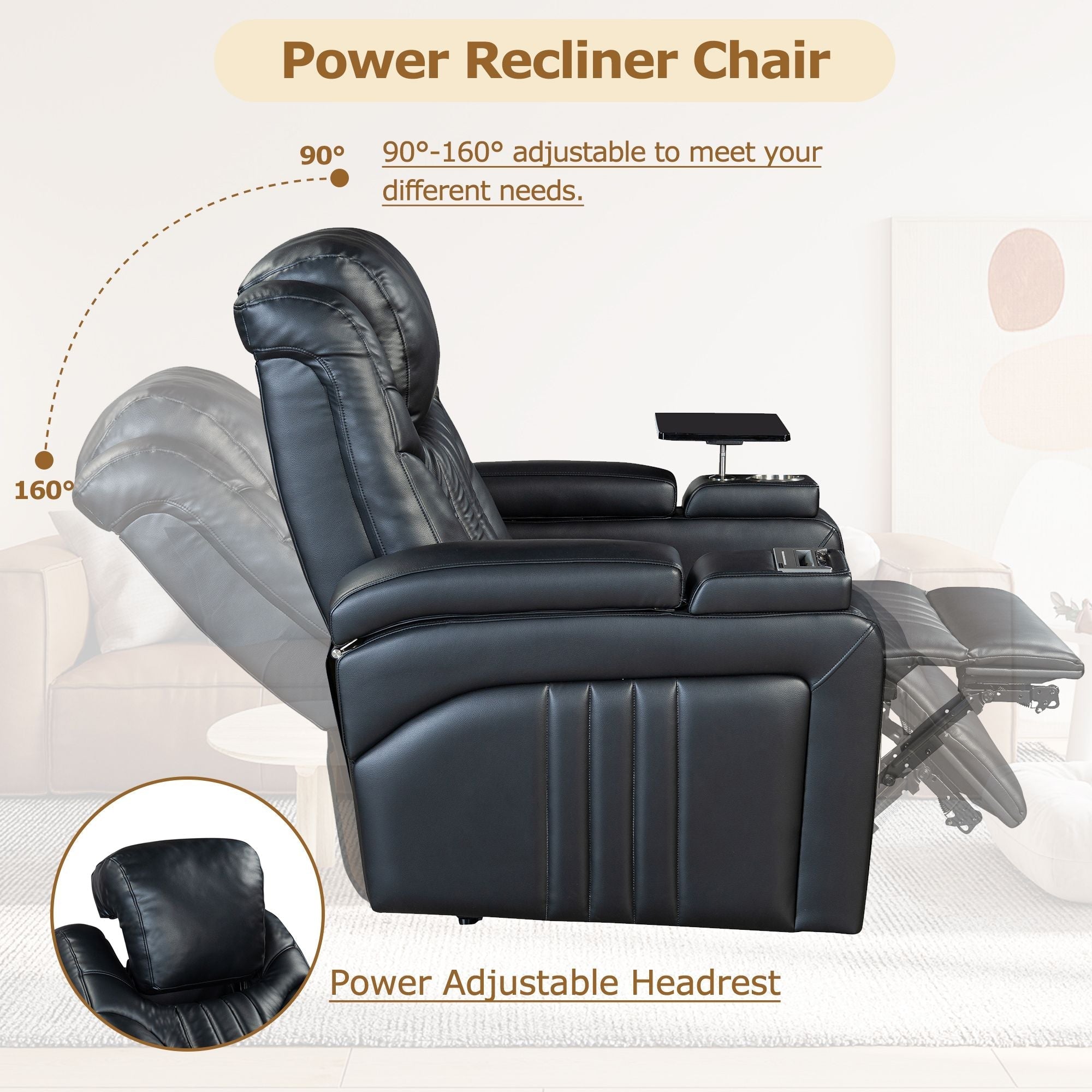 PU Leather Power Recliner Home Theater Recliner with Power Adjustable Headrest, Wireless Charging Device, USB Port, Storage Arms, Cup Holder and Swivel Tray Table for Living Room
