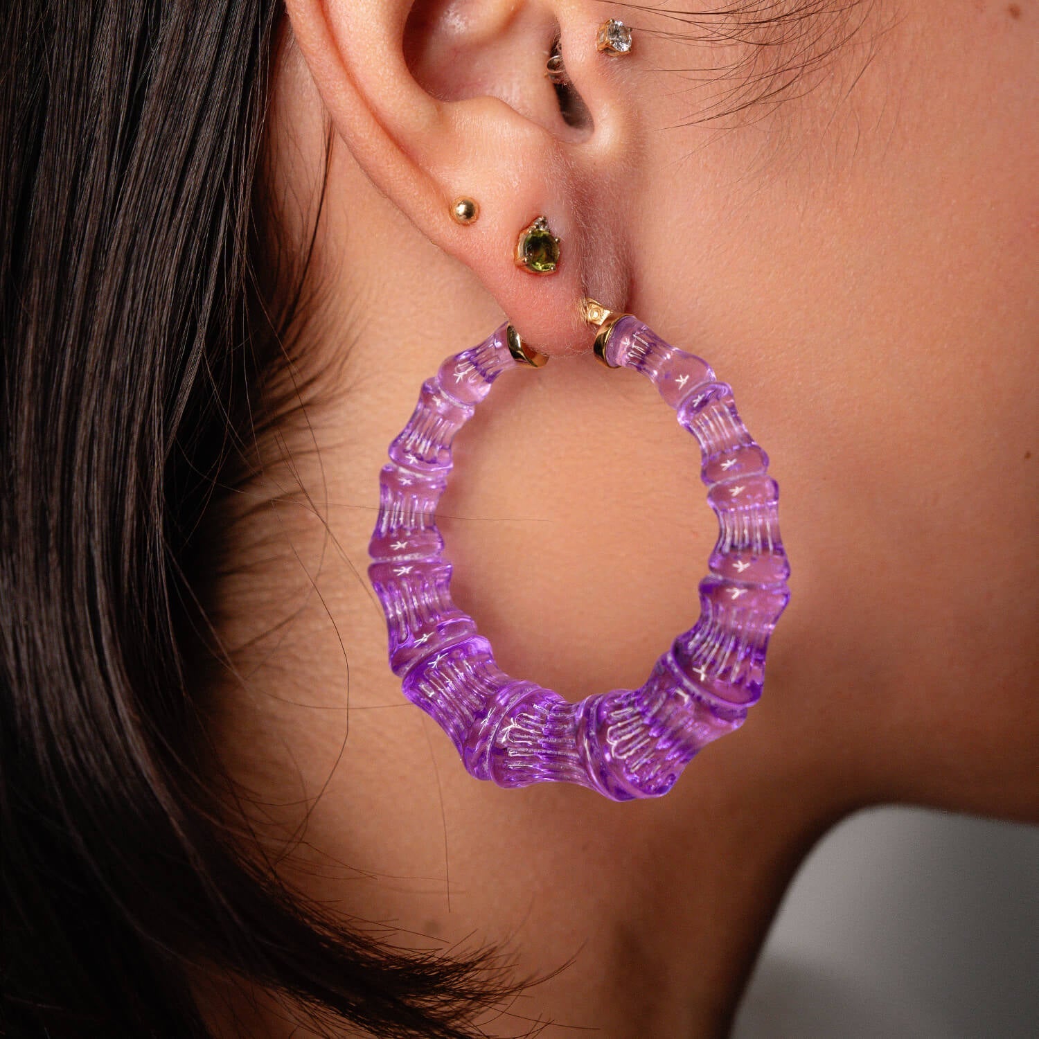 Purple Grape Lucite Bamboo Hoop Earrings