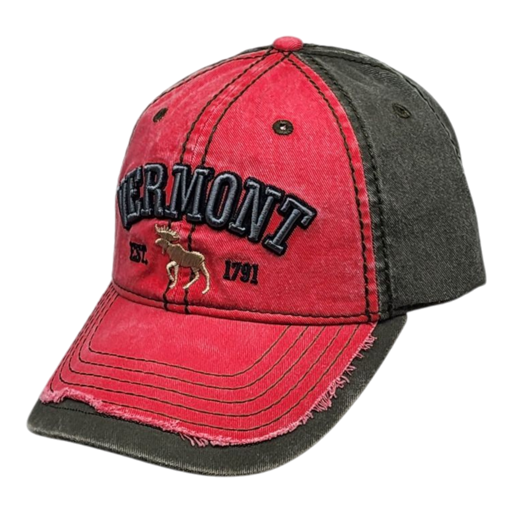 2 Tone Embroidered Hat - Vermont 1791 Moose - Cranberry and Olive