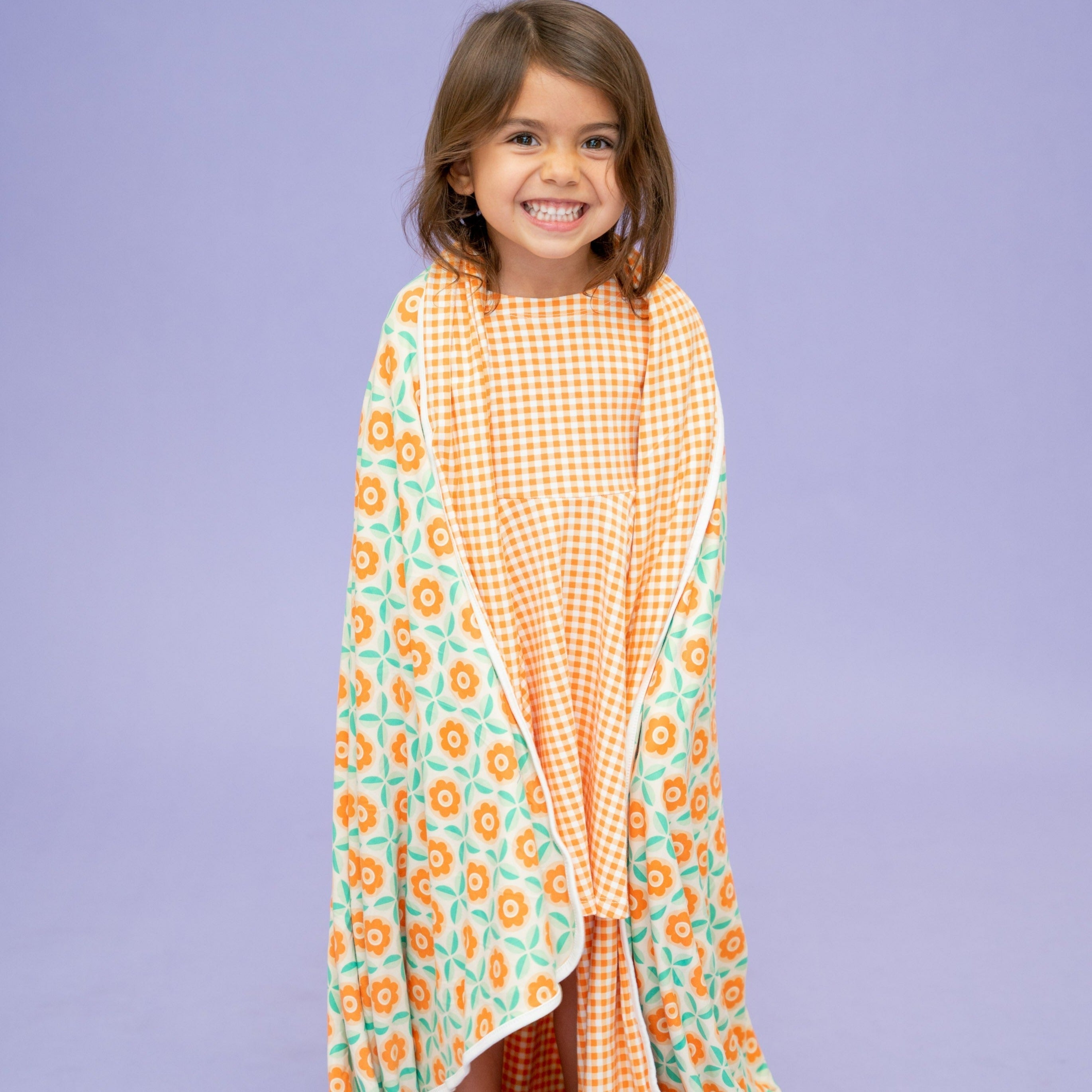 Big Kid Blanket - Geo Flower Peach/Gingham Orange