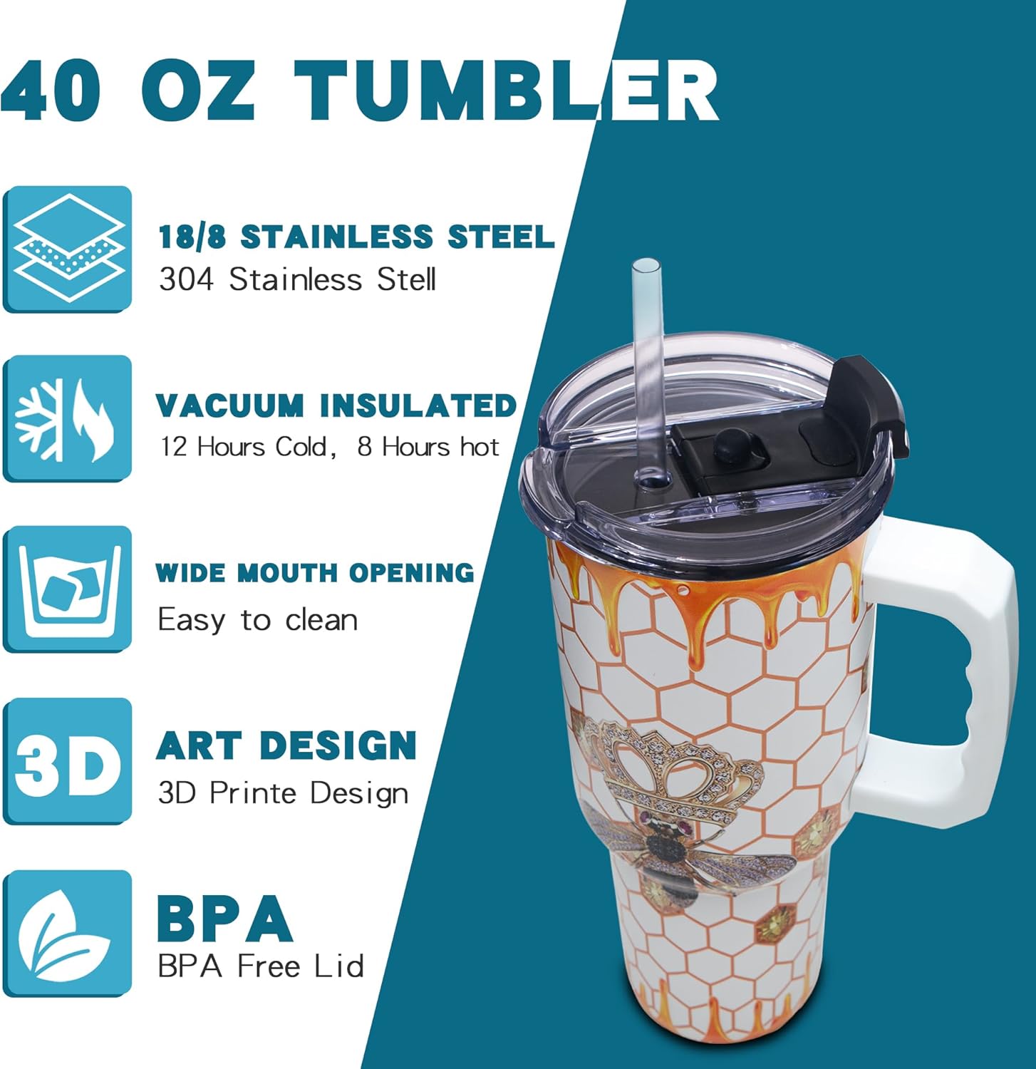 Queen Bee Gifts for Women – 40ozTumbler with Handle - Honeycomb Cup Birthday for Women, Wife, Sister, Best Friend, Teacher, Nurse – Mother’s Day Gifts for Mom