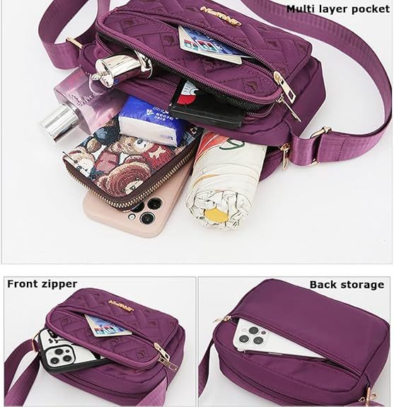 Quilted Crossbody Bags for Women - Oxford Cloth Multi-Layer Shoulder Handbag with Wide Strap -Casual Embroidery Business Bag