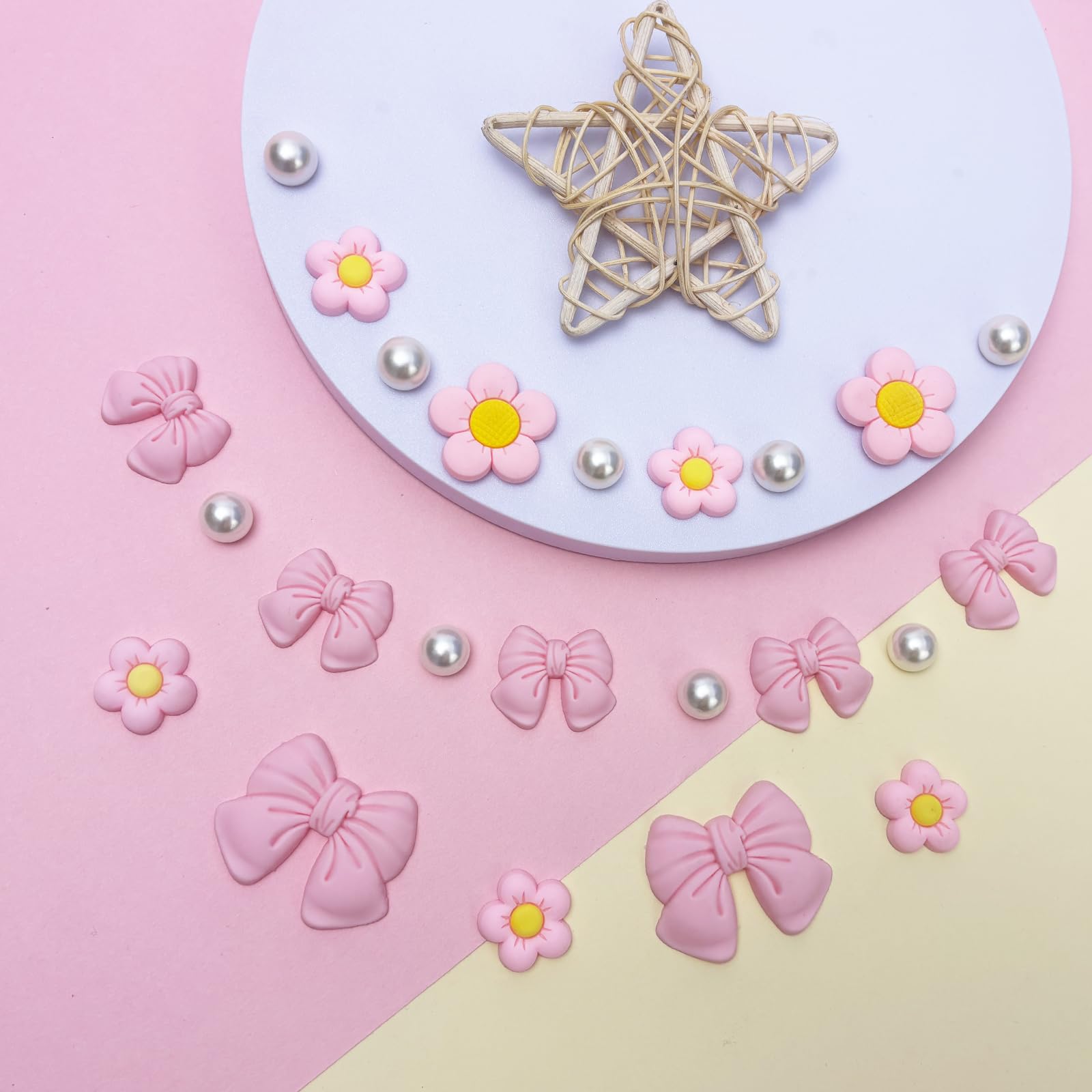 Resin Pink Bow Shoe Charms for Girls, 24Pcs Cute Flower Accessories for Clog Sandals, Pearl Decoration for Women, DIY Party Favor