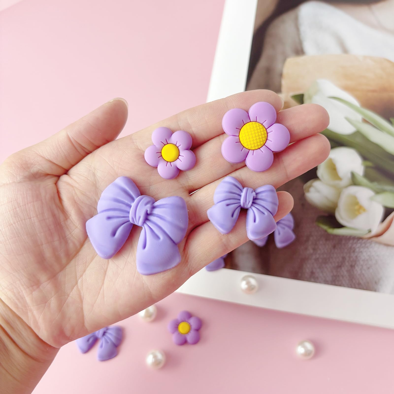 Resin Pink Bow Shoe Charms for Girls, 24Pcs Cute Flower Accessories for Clog Sandals, Pearl Decoration for Women, DIY Party Favor