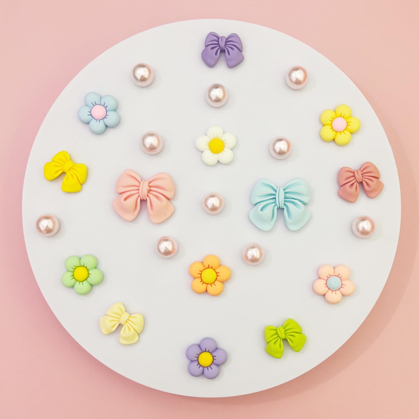 Resin Pink Bow Shoe Charms for Girls, 24Pcs Cute Flower Accessories for Clog Sandals, Pearl Decoration for Women, DIY Party Favor