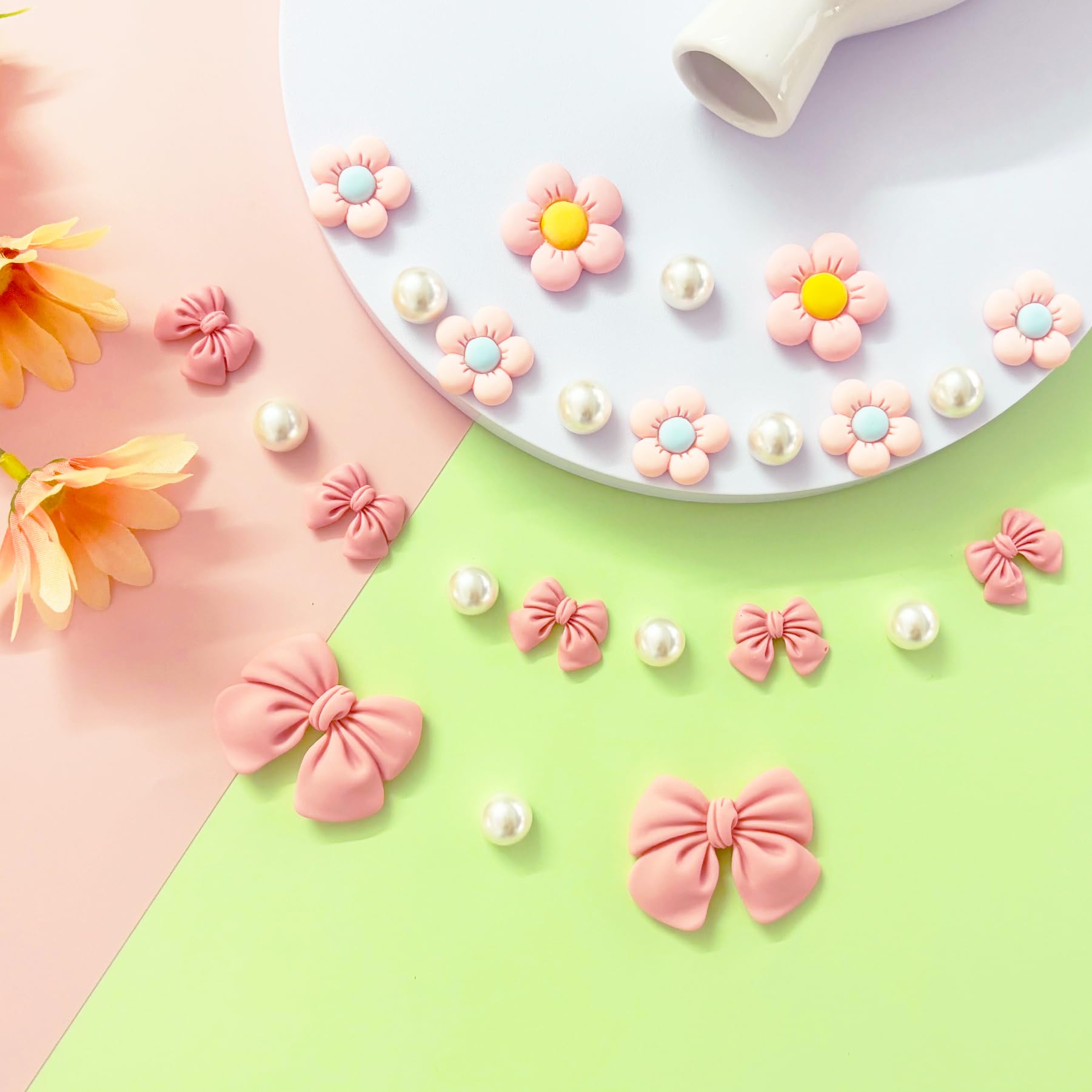 Resin Pink Bow Shoe Charms for Girls, 24Pcs Cute Flower Accessories for Clog Sandals, Pearl Decoration for Women, DIY Party Favor