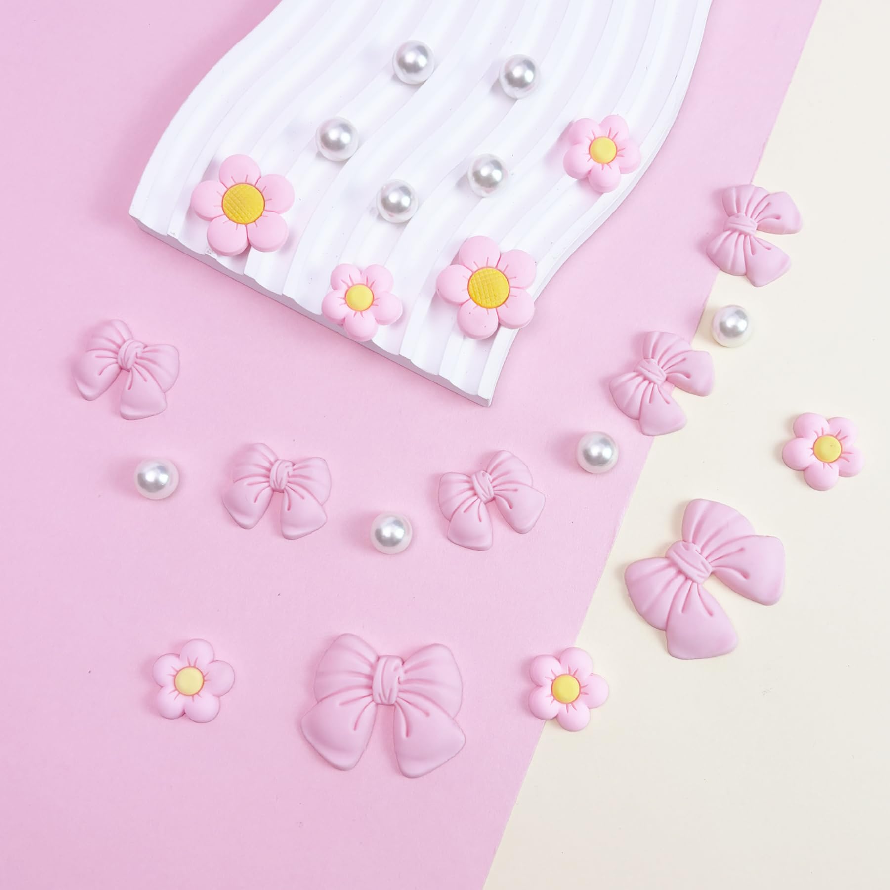Resin Pink Bow Shoe Charms for Girls, 24Pcs Cute Flower Accessories for Clog Sandals, Pearl Decoration for Women, DIY Party Favor