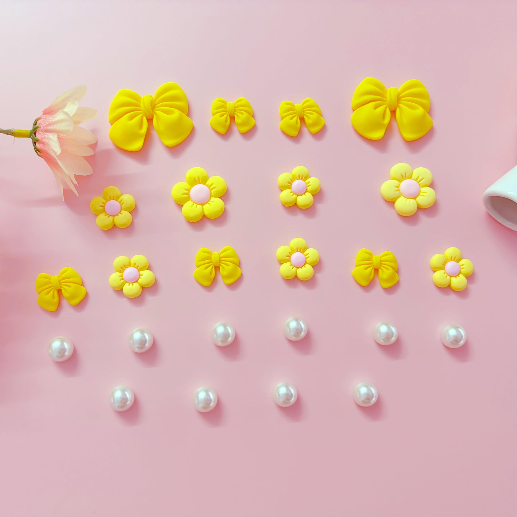Resin Pink Bow Shoe Charms for Girls, 24Pcs Cute Flower Accessories for Clog Sandals, Pearl Decoration for Women, DIY Party Favor