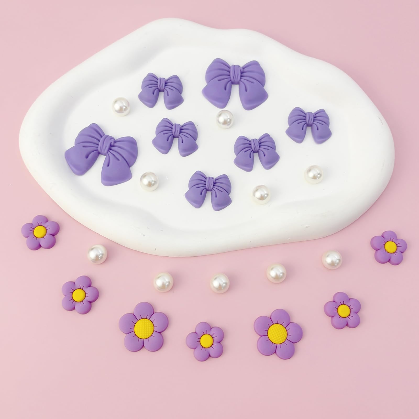 Resin Pink Bow Shoe Charms for Girls, 24Pcs Cute Flower Accessories for Clog Sandals, Pearl Decoration for Women, DIY Party Favor