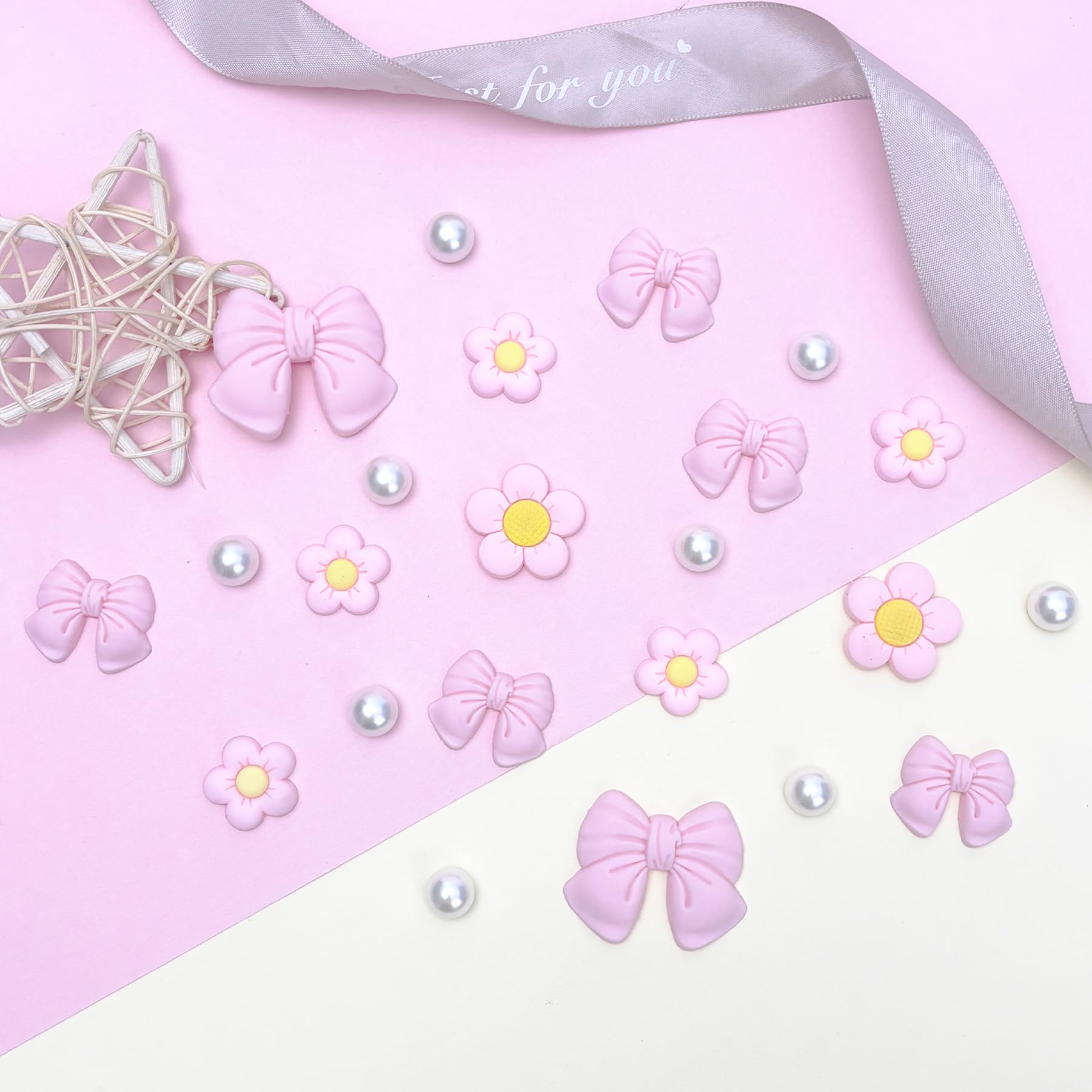 Resin Pink Bow Shoe Charms for Girls, 24Pcs Cute Flower Accessories for Clog Sandals, Pearl Decoration for Women, DIY Party Favor