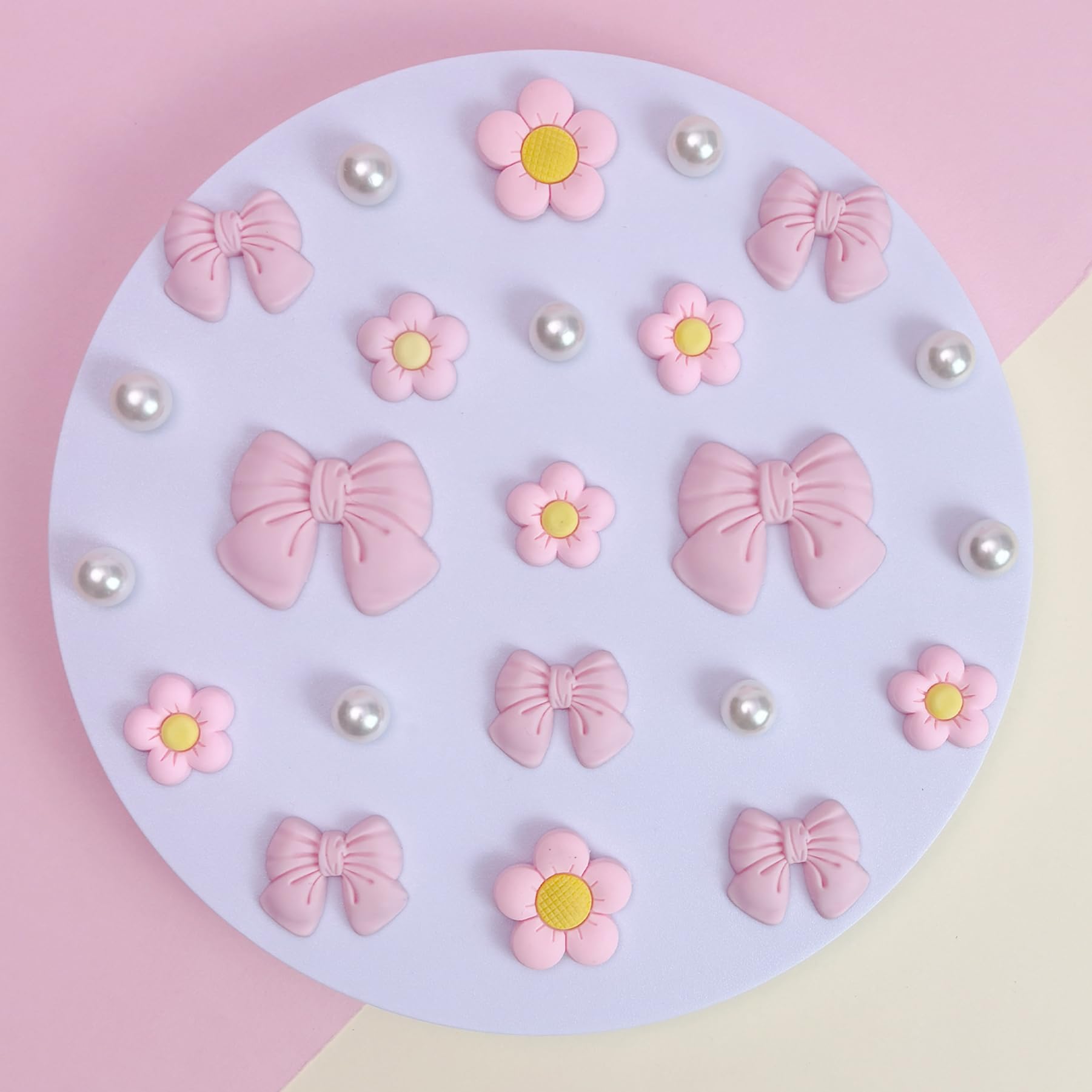 Resin Pink Bow Shoe Charms for Girls, 24Pcs Cute Flower Accessories for Clog Sandals, Pearl Decoration for Women, DIY Party Favor