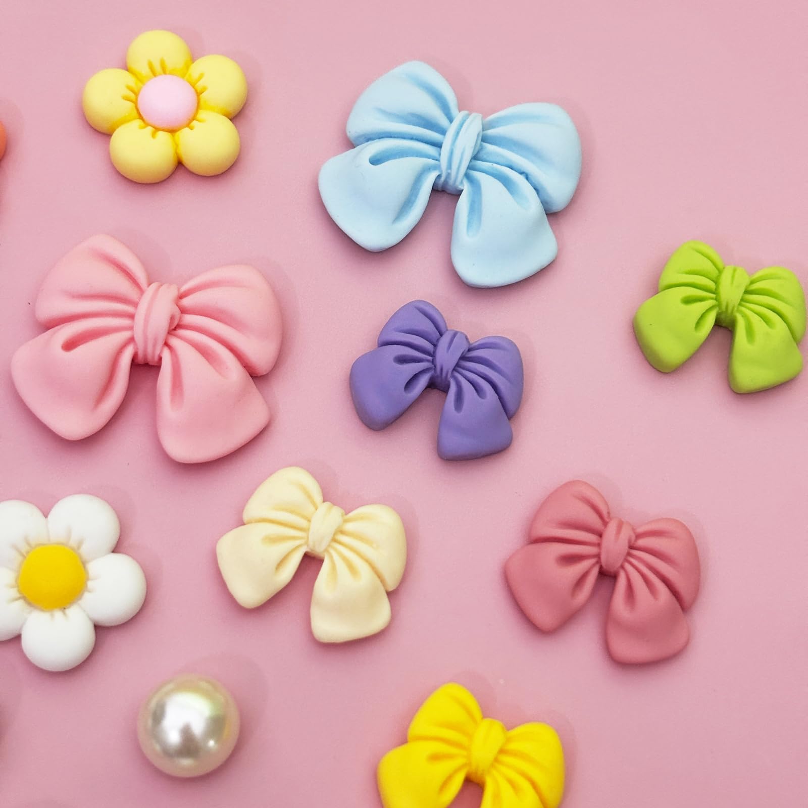 Resin Pink Bow Shoe Charms for Girls, 24Pcs Cute Flower Accessories for Clog Sandals, Pearl Decoration for Women, DIY Party Favor