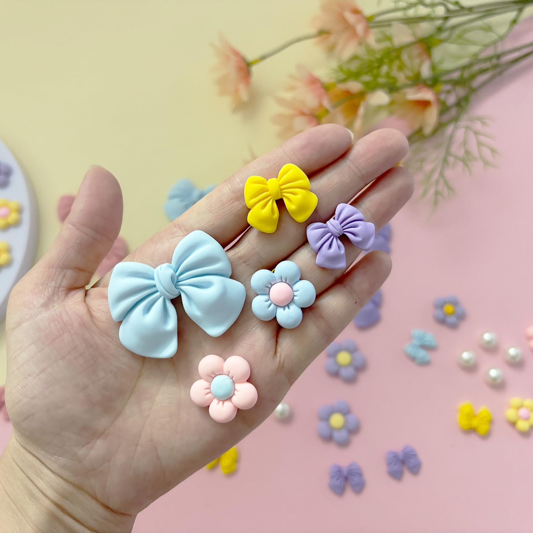 Resin Pink Bow Shoe Charms for Girls, 24Pcs Cute Flower Accessories for Clog Sandals, Pearl Decoration for Women, DIY Party Favor