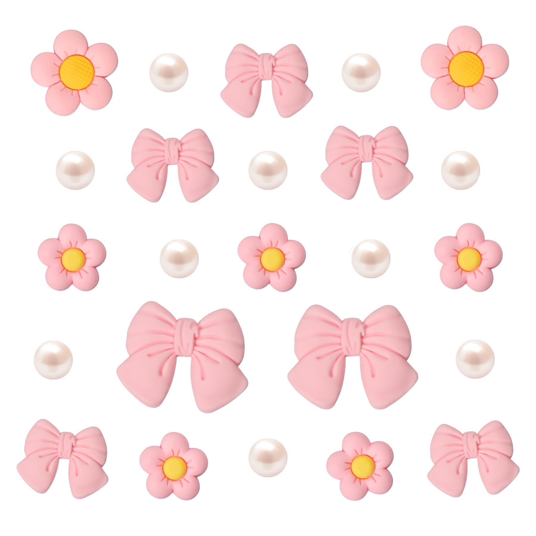 Resin Pink Bow Shoe Charms for Girls, 24Pcs Cute Flower Accessories for Clog Sandals, Pearl Decoration for Women, DIY Party Favor