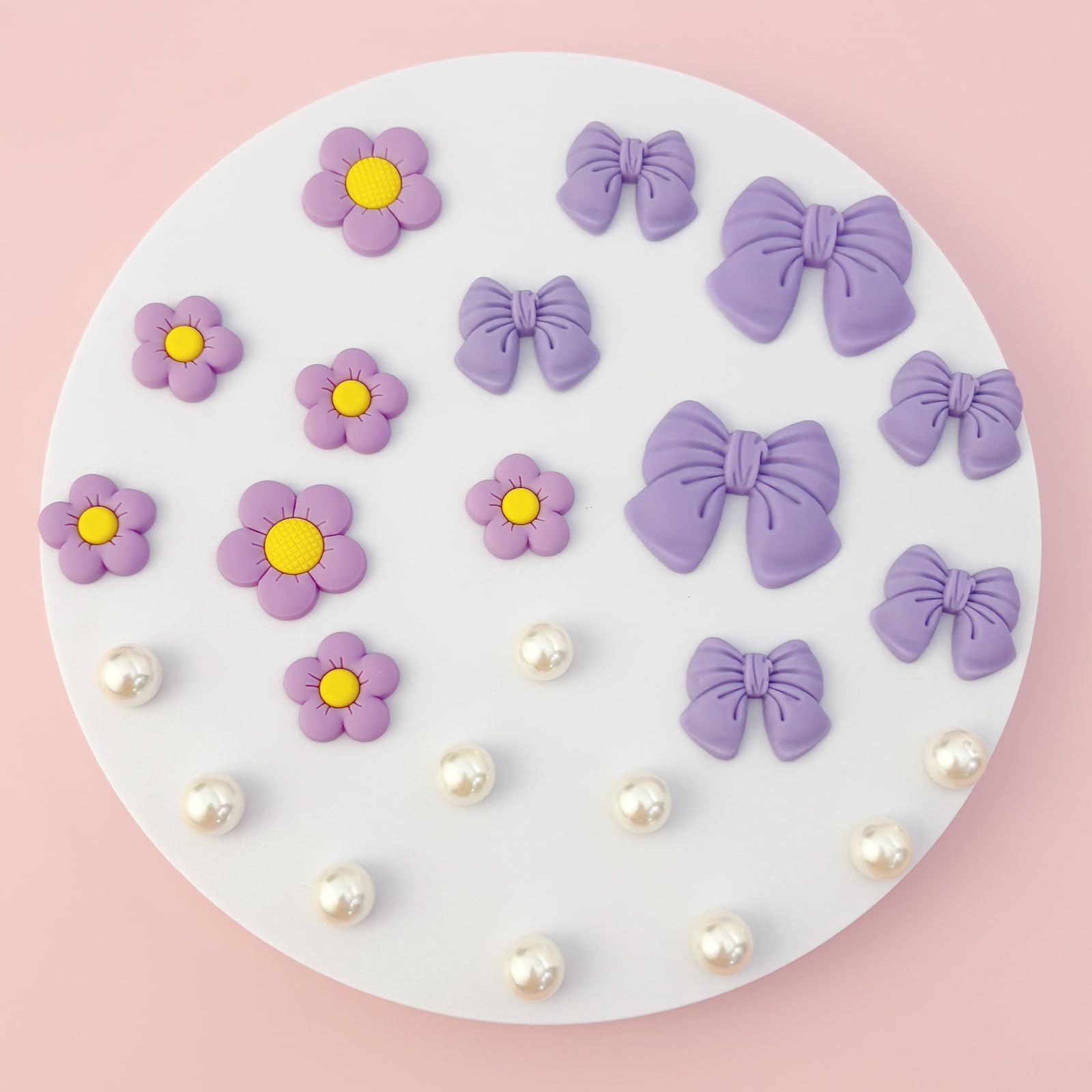 Resin Pink Bow Shoe Charms for Girls, 24Pcs Cute Flower Accessories for Clog Sandals, Pearl Decoration for Women, DIY Party Favor