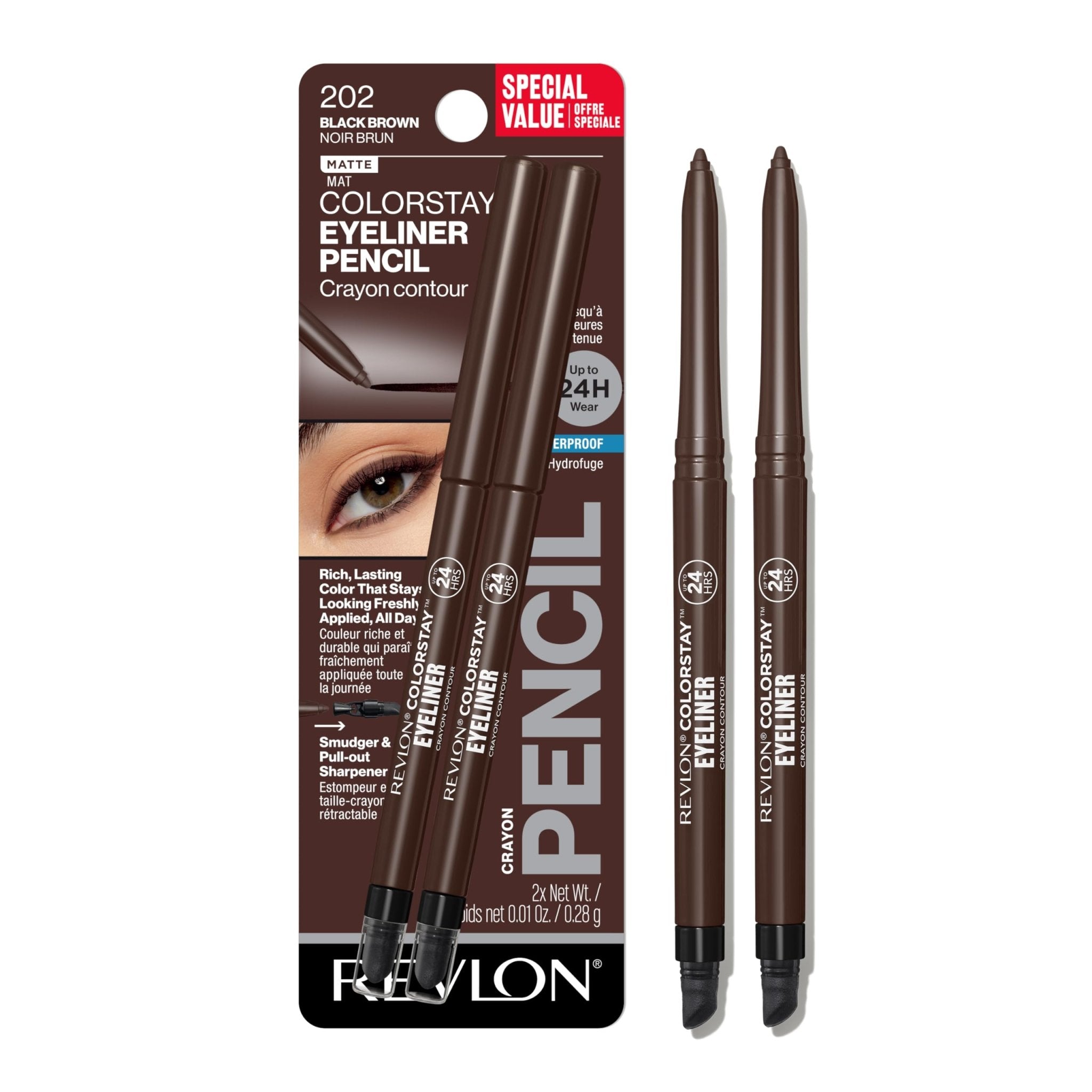 Revlon ColorStay Pencil Waterproof Eyeliner, Smudge-Proof, Eye Makeup with Built-In Sharpener, 202 Black Brown, 0.01 oz