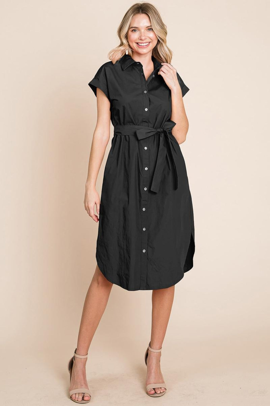 Button Up Tie Waist Poplin Pocketed Shirt Dress
