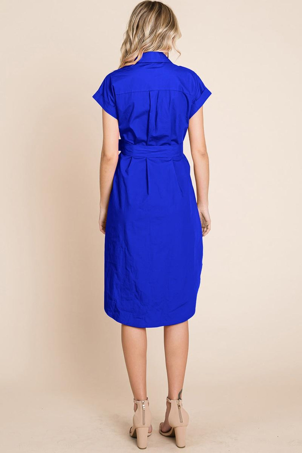 Button Up Tie Waist Poplin Pocketed Shirt Dress